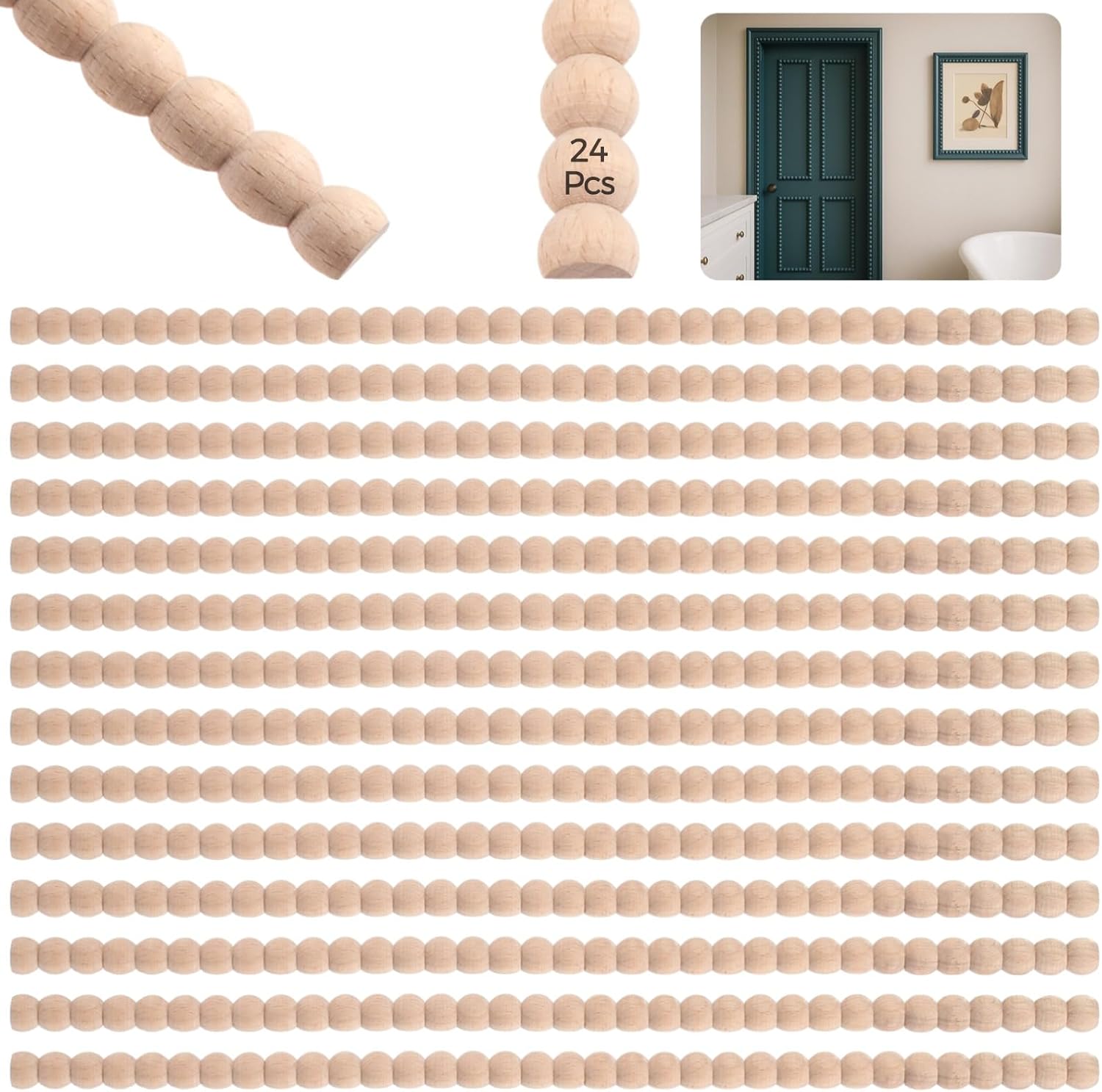 24 Pcs Decorative Wood Trims - Unfinished 3D Wooden Bead Trim Strips, 15.7" Half Bead Wood Moldings for DIY Crafts, Paintable Wood Pearl Strips for Cabinets, Shelves, Doors, Mirrors