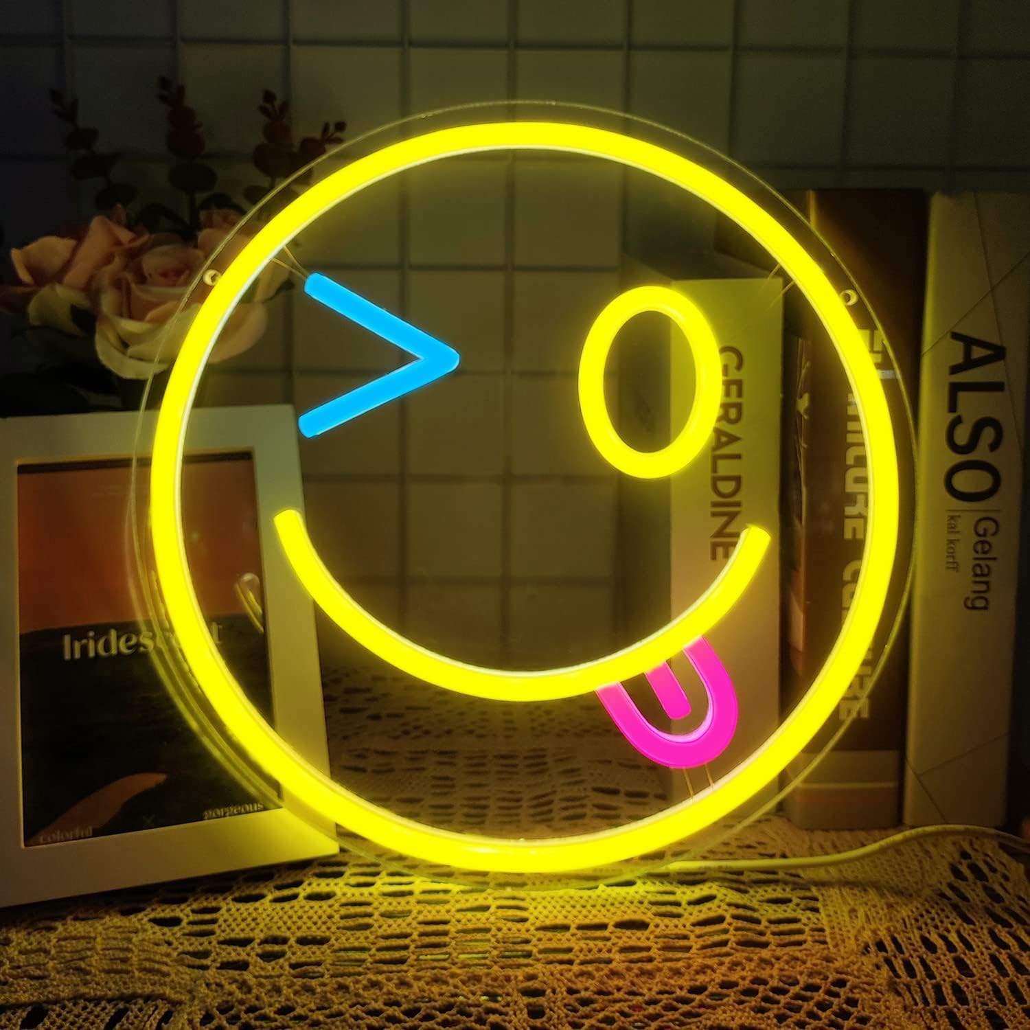 Azonee Winking Face Neon Sign, Dimmable Funny Neon Sign for Wall Decor, Led Signs for Bedroom Wall, Light up Signs for Wall Decor, Led Neon Sign for Bedroom Kids Room Wedding Party Decoration