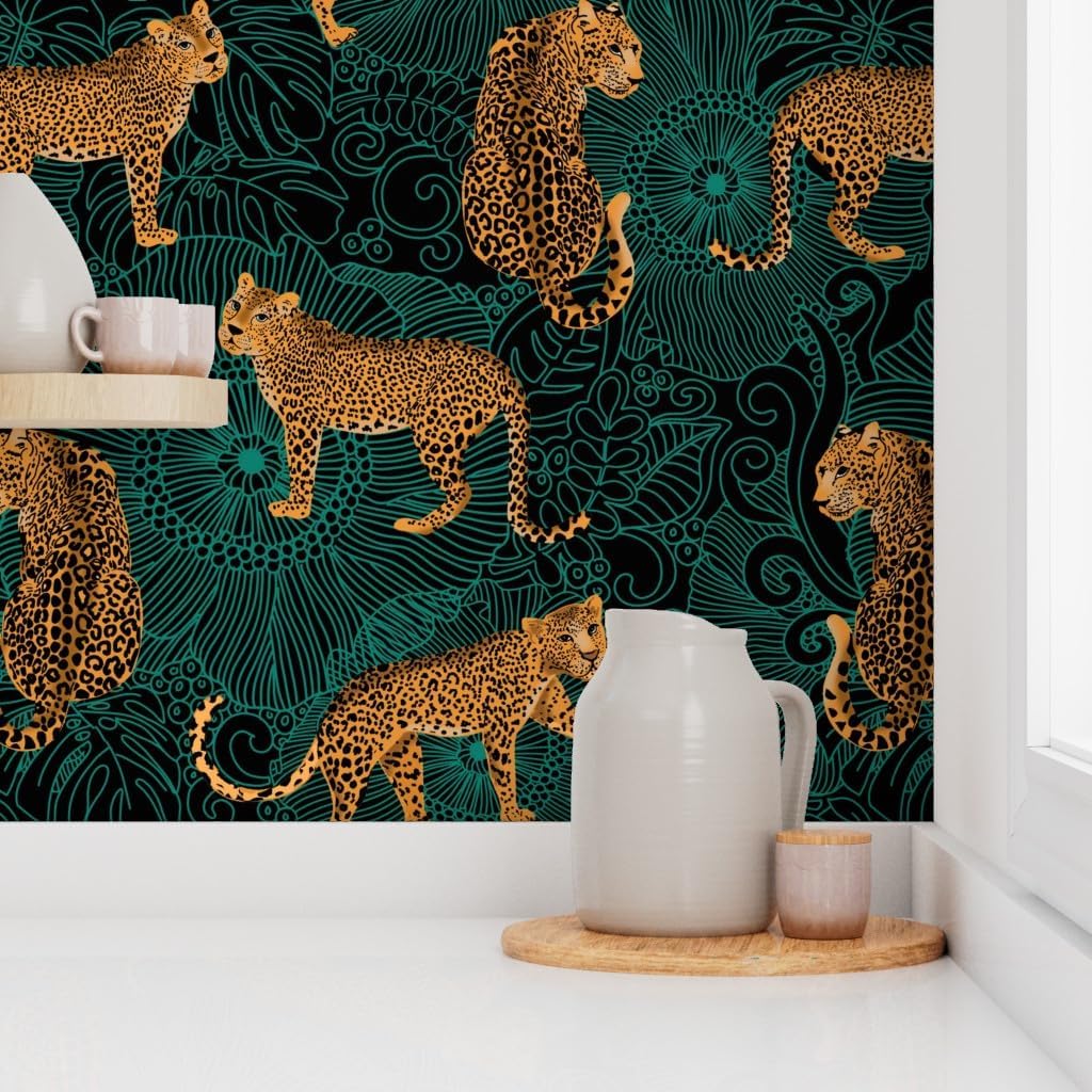 Spoonflower Peel & Stick Wallpaper Swatch - Leopard Exotic Jungle Black Green Animal Africa Cheetah Tiger Custom Removable Wallpaper