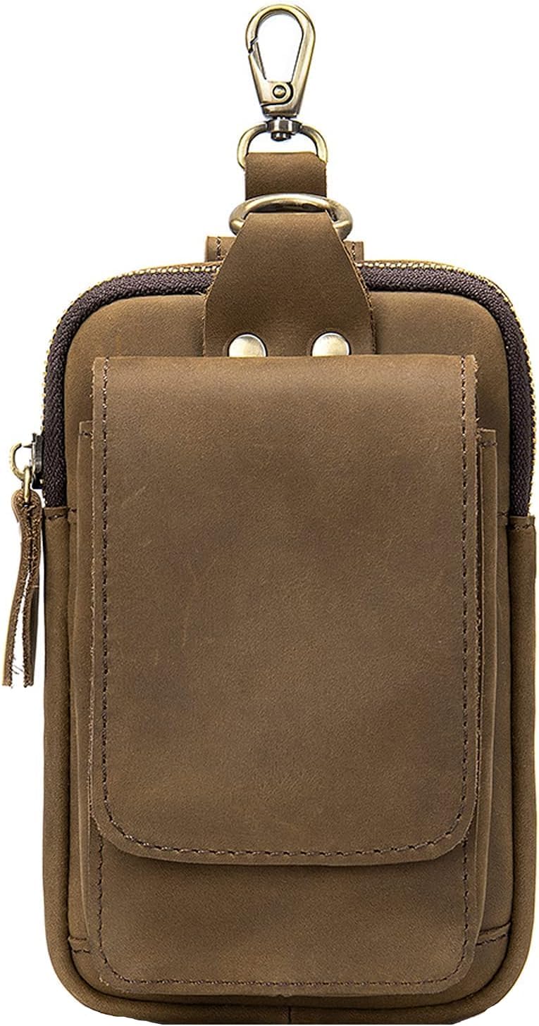 Men's Genuine Leather Waist Bag Cell Phone Pouch Fanny Pack for Travel Outdoor Sports Hiking Walking (Coffee)