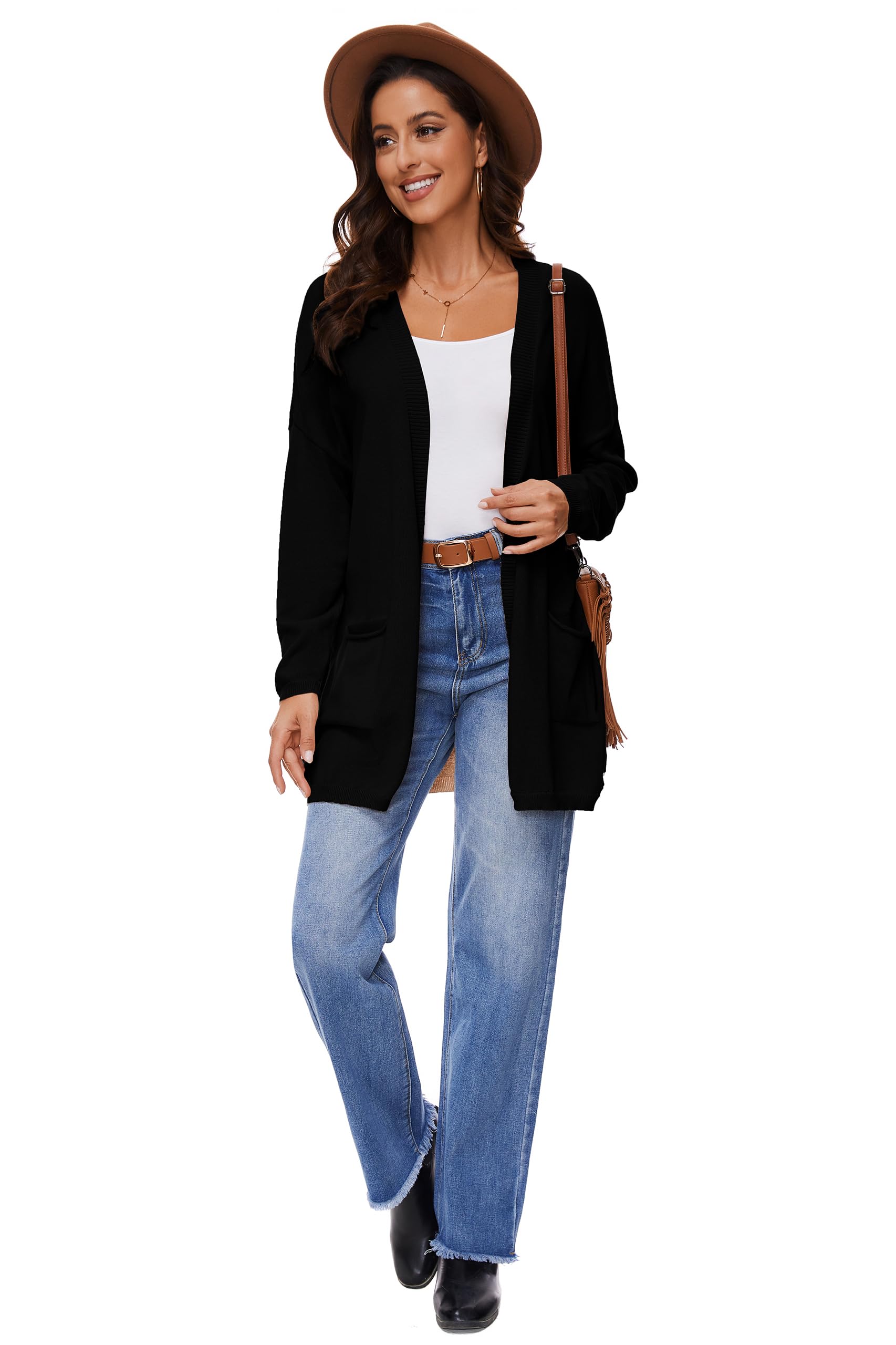 Cárdigan Abierto De Manga Larga 100% Algodón para Mujer con Bolsillos, Suéter Casual Suelto Y Ligero, Negro, XL