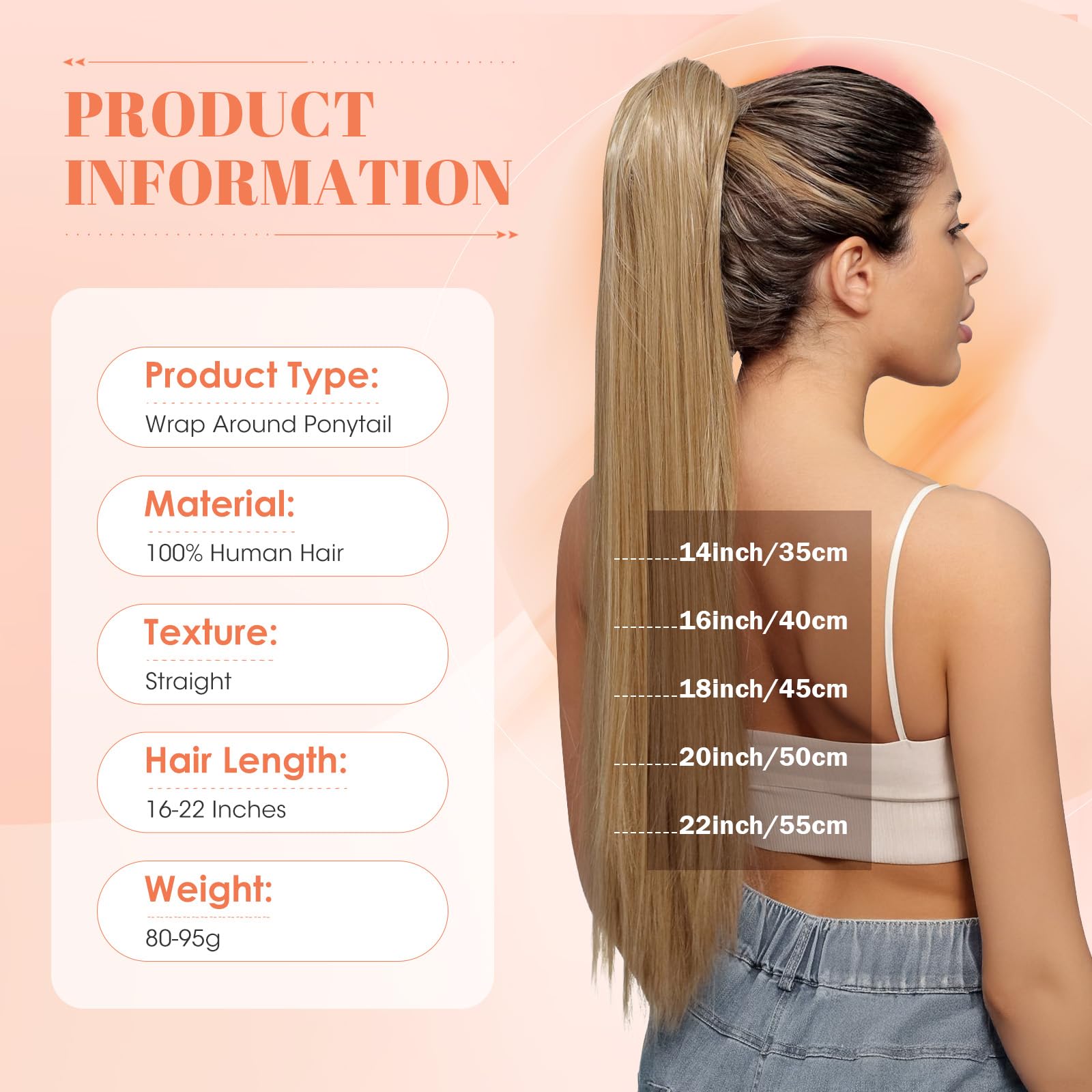 Benehair Ponytail Extension Echthaar, Zopf Extensions Echthaar, Wrap Around Echthaars Ponytail für Frauen, Blond Highlights Bleichblond Pferdeschwanz Echtes Haar Haarverlängerung 55CM 95g #18P613