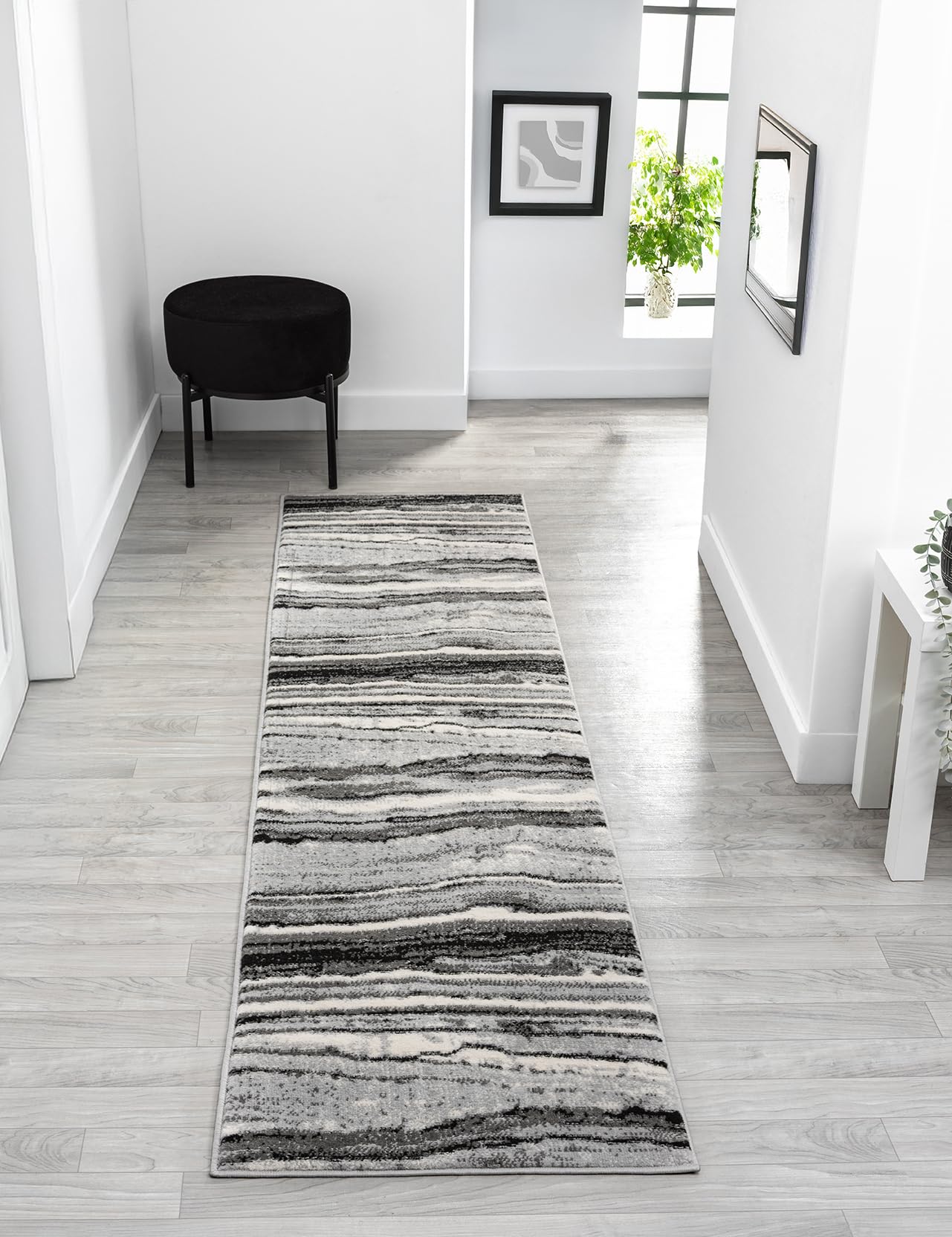 Obsidian Abstract Traditional Low Pile Modern Runner Rug, Grey, 60x220cm