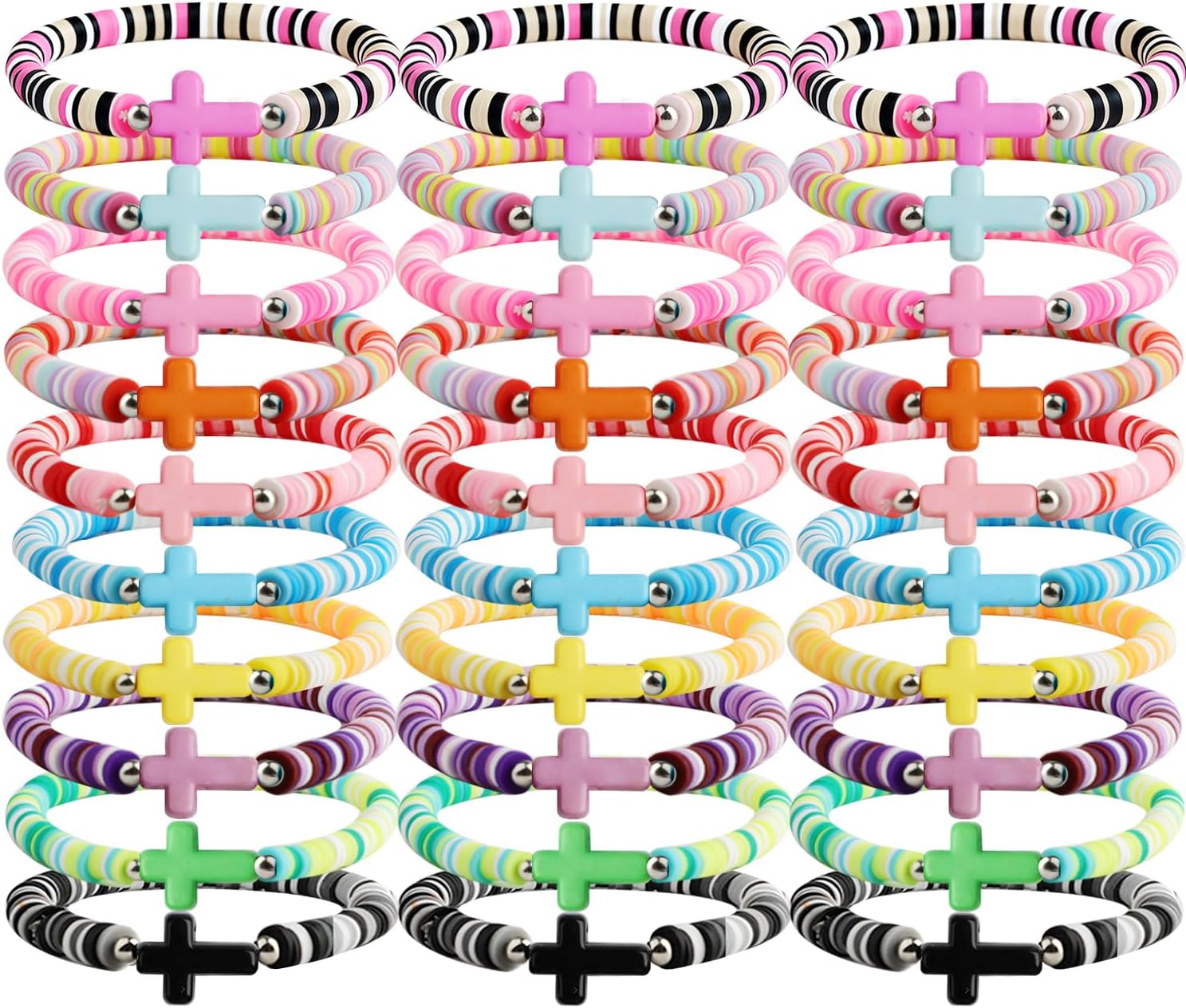 30 Pcs Cross Clay Bracelets for Women Men, 10 Colors Jesus Cross Bracelets Bulks, Elastic Stackable Clay Bracelets,Christmas Birthdays party Jewelry Gift for Family Friends