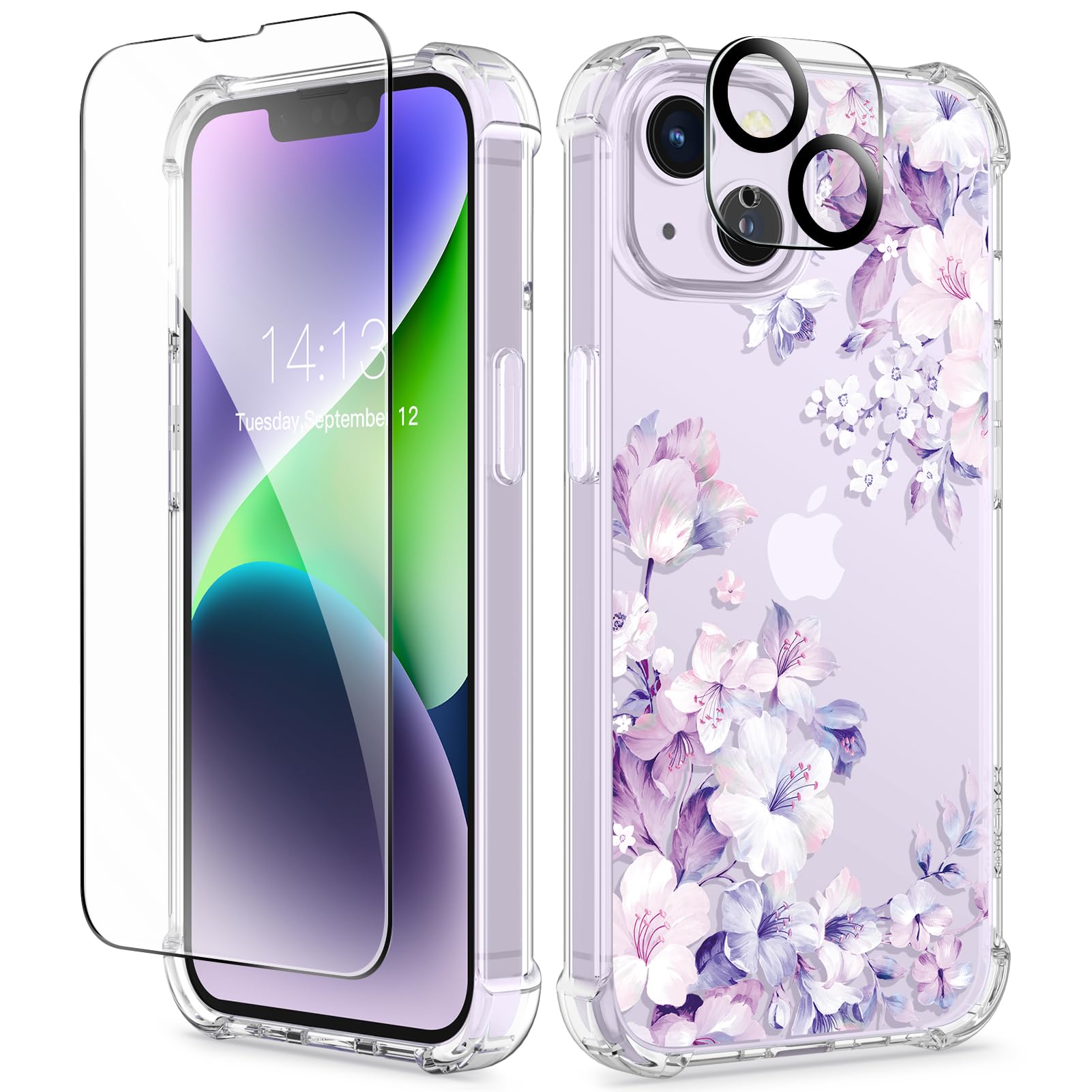 GVIEWIN for iPhone 14 Plus Case Floral, with Screen Protector+Camera Lens Protector,[Non Yellowing]Soft Shockproof Clear Phone Protective Cover Women,