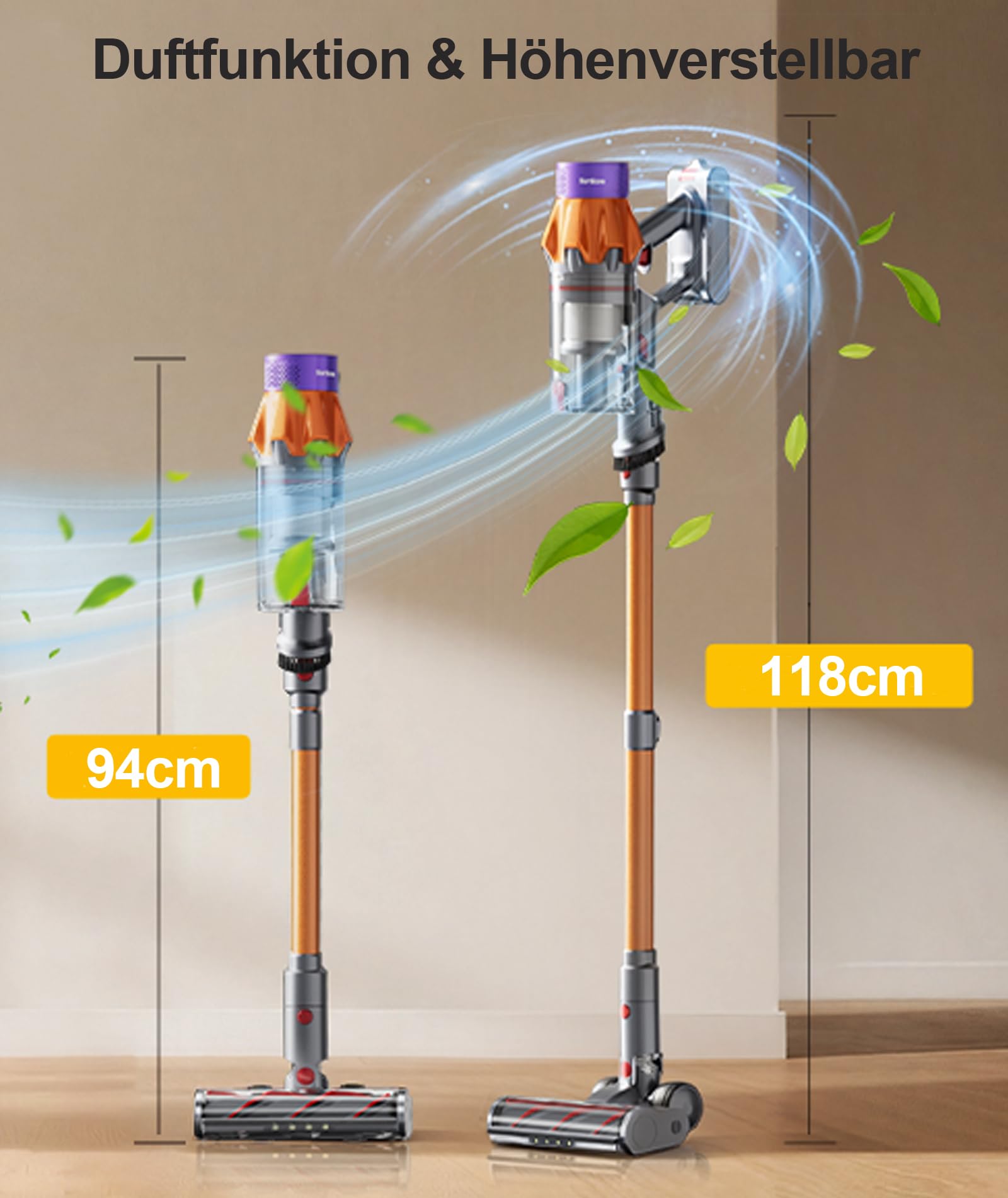 SunSare Akku Staubsauger Kabellos 600W/50000Pa/65Min, Akkustaubsauger mit 1M Schlauch, Wandladehalterung, Aromafunktion, Selbststehend, für Hartböden Teppiche Tierhaare
