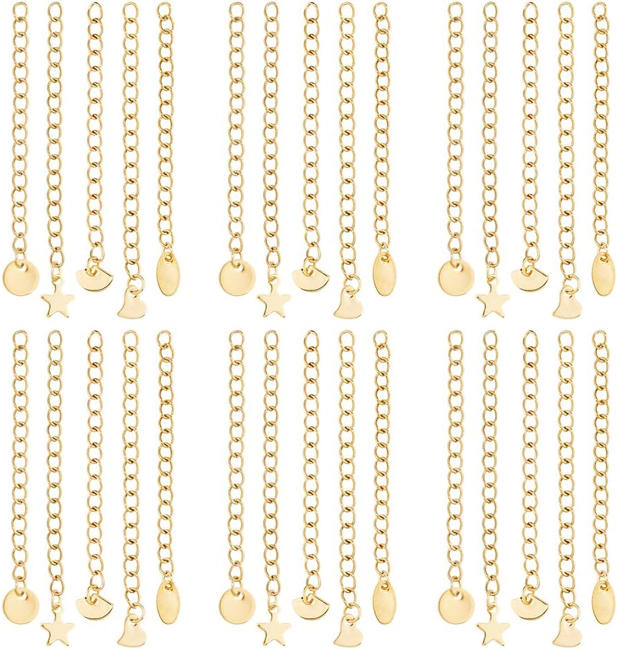 DICOSMETIC 50Pcs 5 Styles Necklace Chain Extender Stainless Steel Extension Chain Golden Tail Extender Chain Metal End Chain Curb Chain Extension with Heart Round Star Oval Charm for Jewelry Making