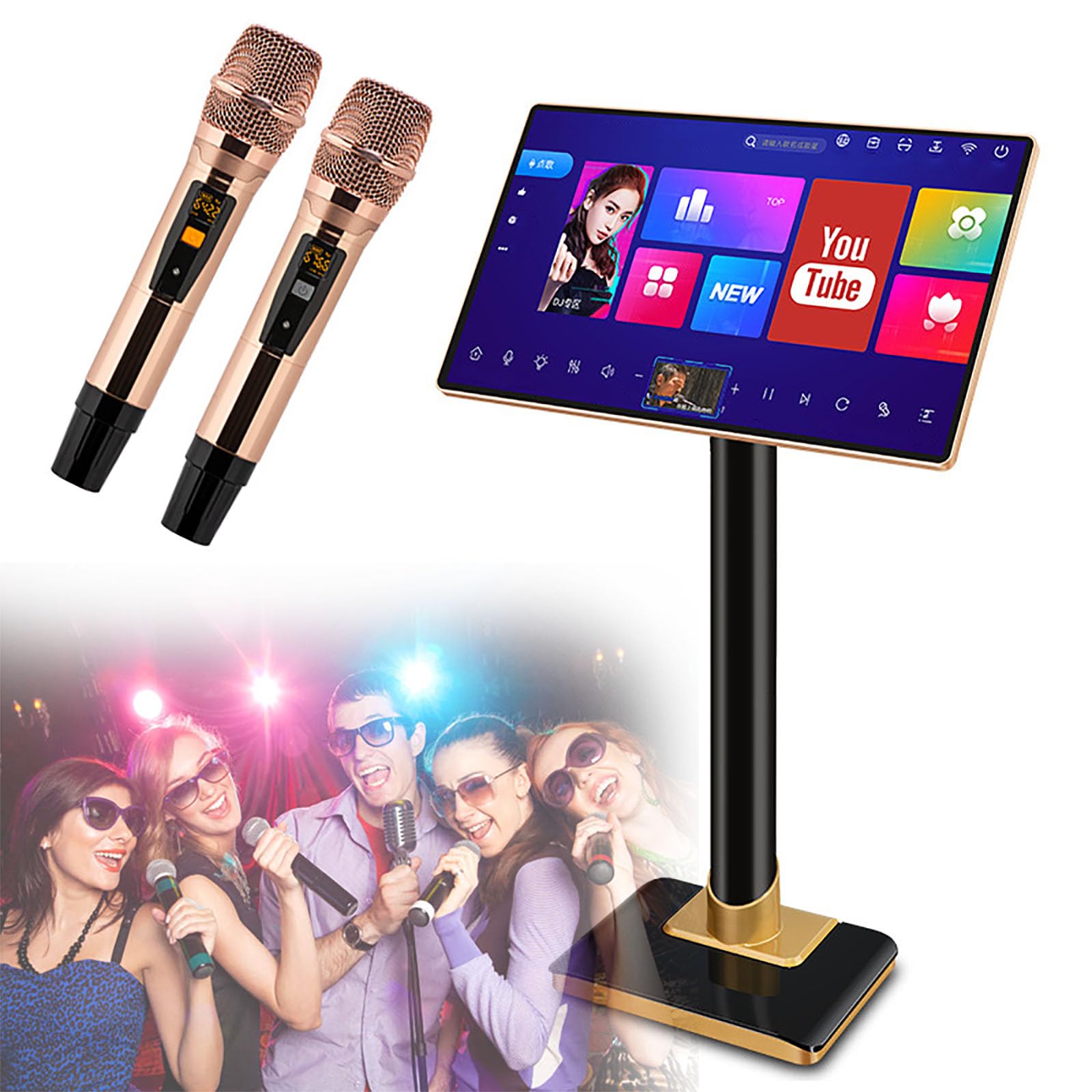 Sistema karaoke da 21,5", touch screen da 3 TB all-in-one, con 2 microfono wireless e schermo di visualizzazione testi, riverbero integrato, con per feste in famiglia, feste all'aperto