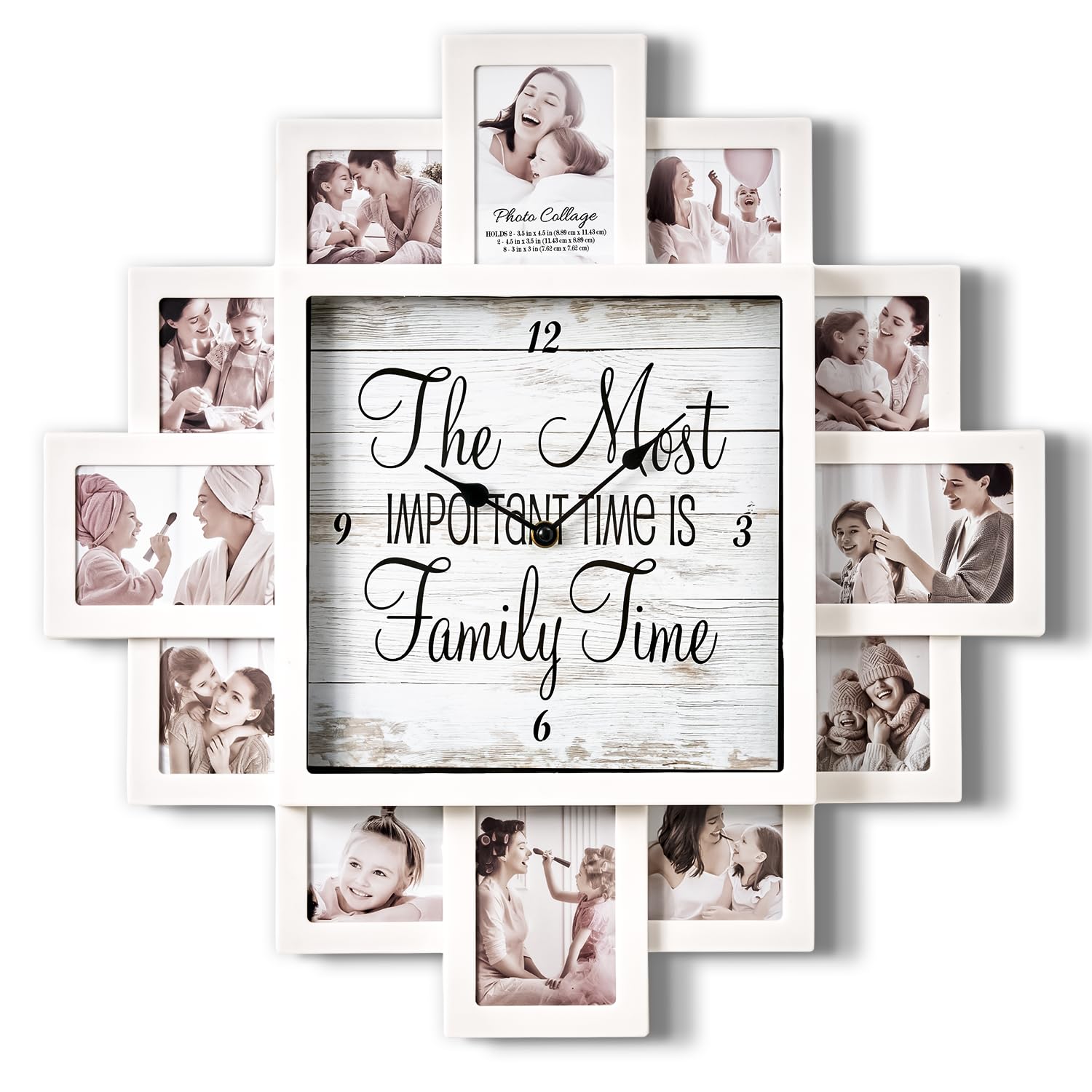 American Art Decor Picture Frame Collage Clock - 12 Photo Display Slots - Wall Mounted Chic Farmhouse Wall Decor - Wall Clock for Living Room, Bedroom, Kitchen, Office (Family Time, 20"x 20")