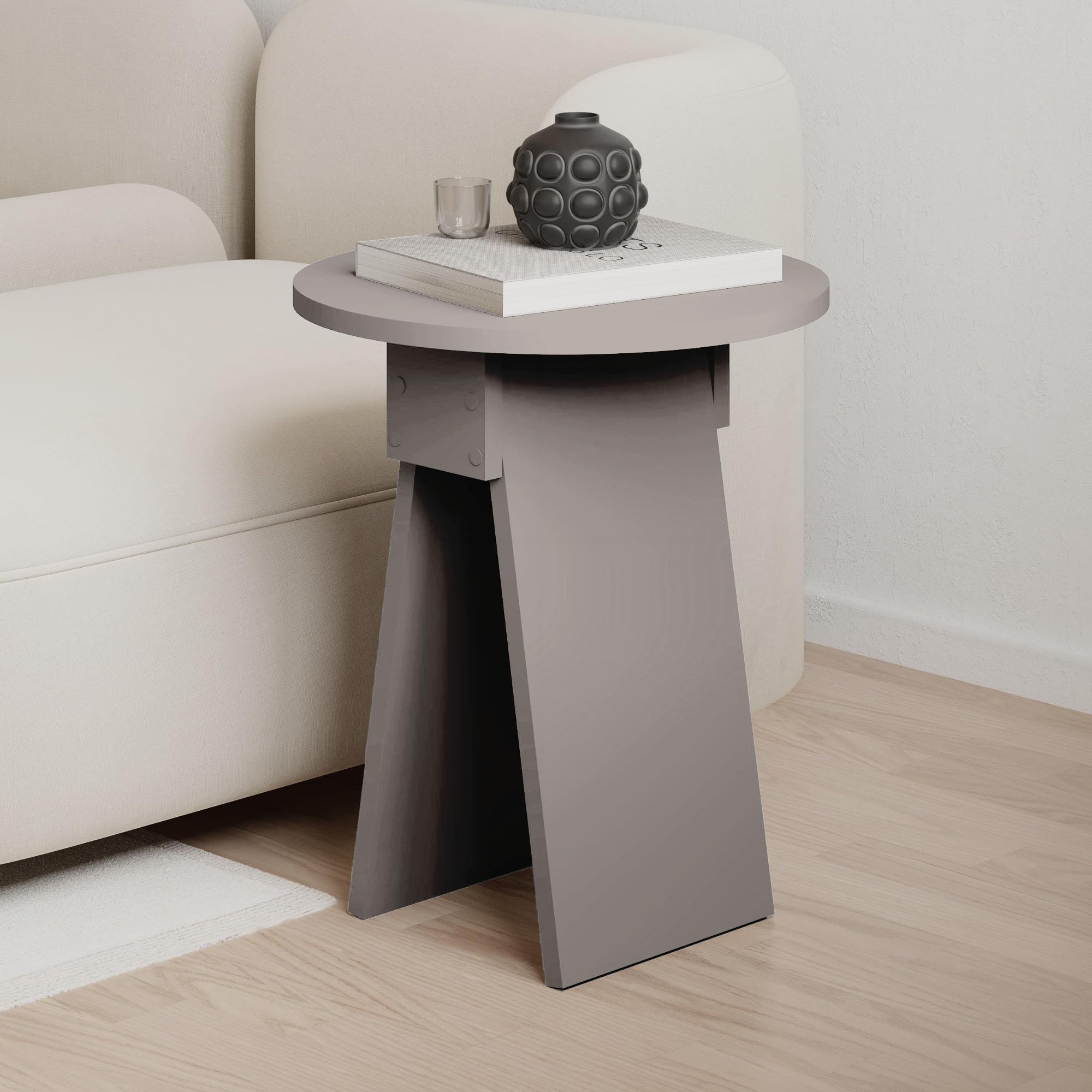 HOCUS PICUS Modern Side Table Round Shape Top Sturdy Engineered Wood 2 Legs Sofa, Coffee and Service Table Living Room, Office, Bedroom 42(W) x42(D) x50(H) cm (Light Mocha)