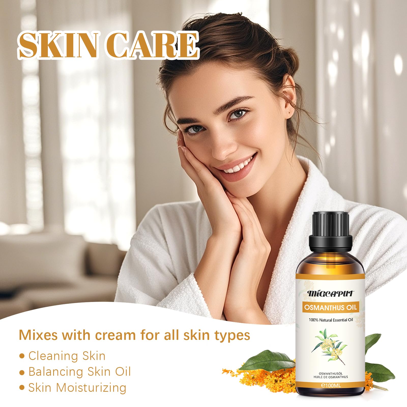 MIGCAPUT Olejek Eteryczny Osmanthus Fragrans 100ML, Naturalny Olejki Aromaterapeutyczny, Olejek Zapachowy Premium do Dyfuzora, SPA, Masażu, Ręcznie Robione Mydło, Ręcznie Robione Świece