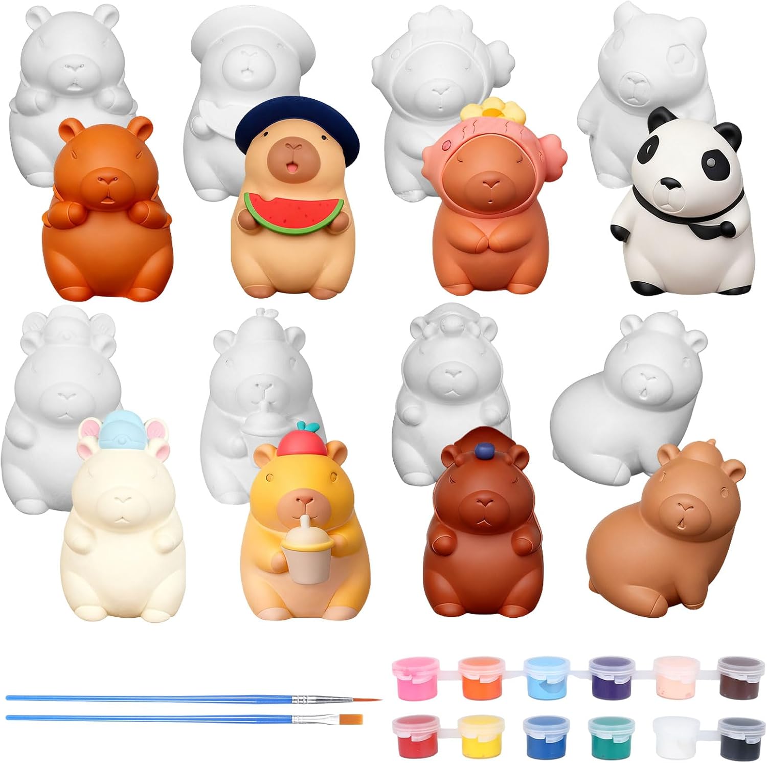 8Pcs Ceramics to Paint Water Pig Paint Your Own Ceramic Christmas Craft Kits, 3.15'' Paintable Ceramics Water Pig Figures with Brushes Paints, DIY Unpainted Animal Plaster Christmas Crafts for Adults