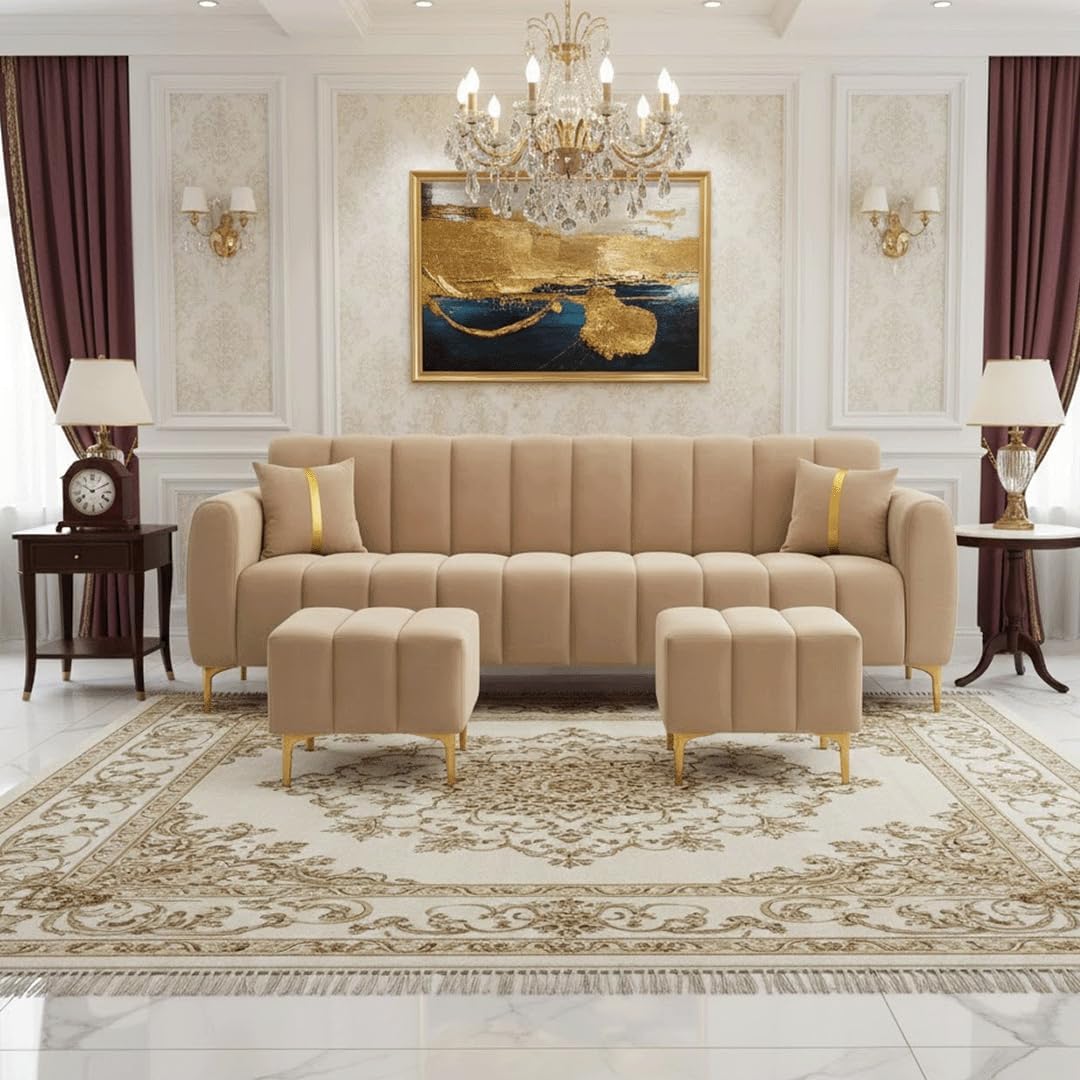 WOODEN INDIA-Solid Wood 3 Seater Sofa with 2 Ottoman Stools (1+1) | Wooden Sofa Set for Living Room | Premium Cushioned Sofa with Multipurpose Ottomans (Brown/Beige) (Beige)-image-15