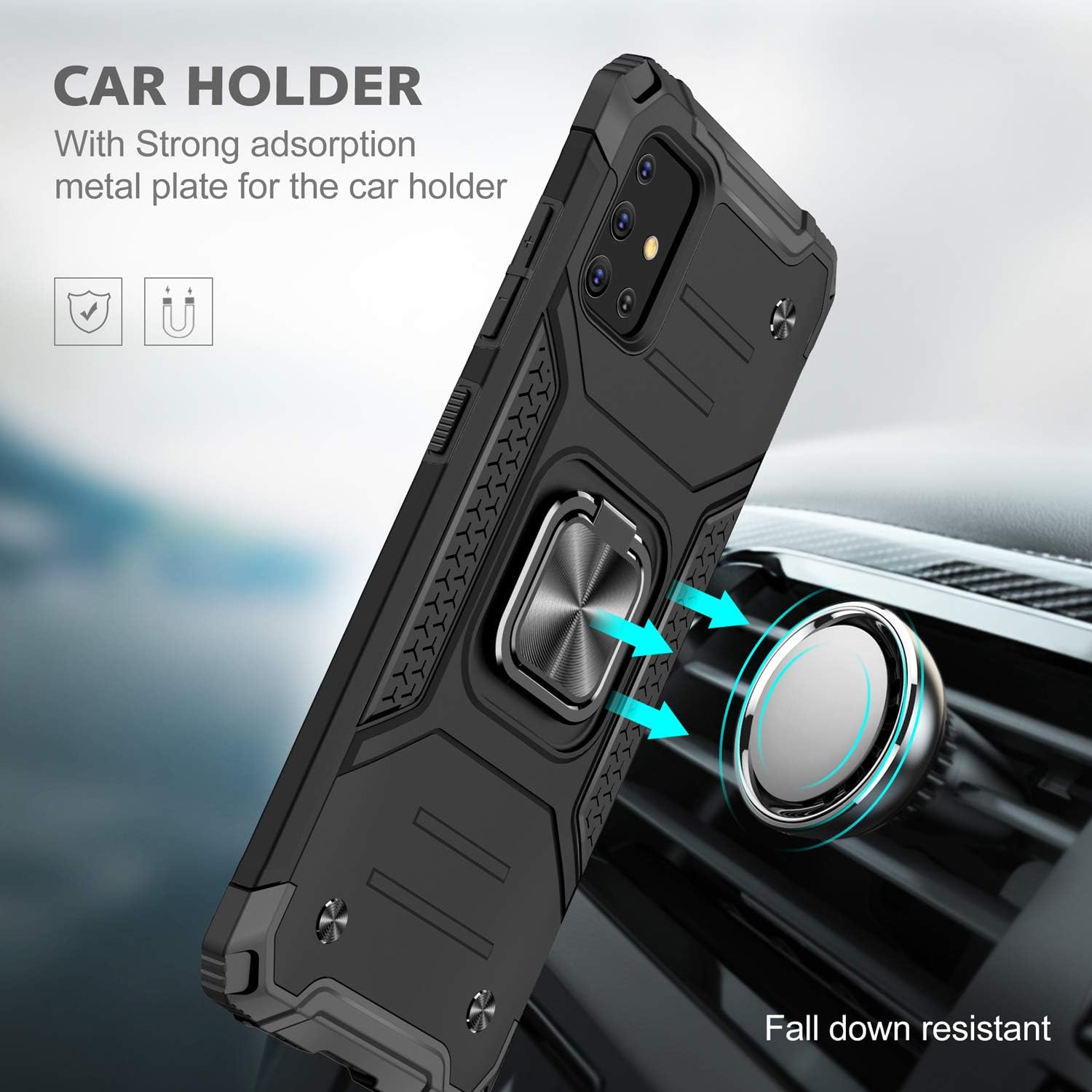 Amytor Designed for Samsung Galaxy A51 4G Case with [ 2 x Tempered Glass Screen Protector] [17Ft. Drop Tested ] [ Military Grade ] Protective Phone Case with Ring Car Mount Kickstand Black