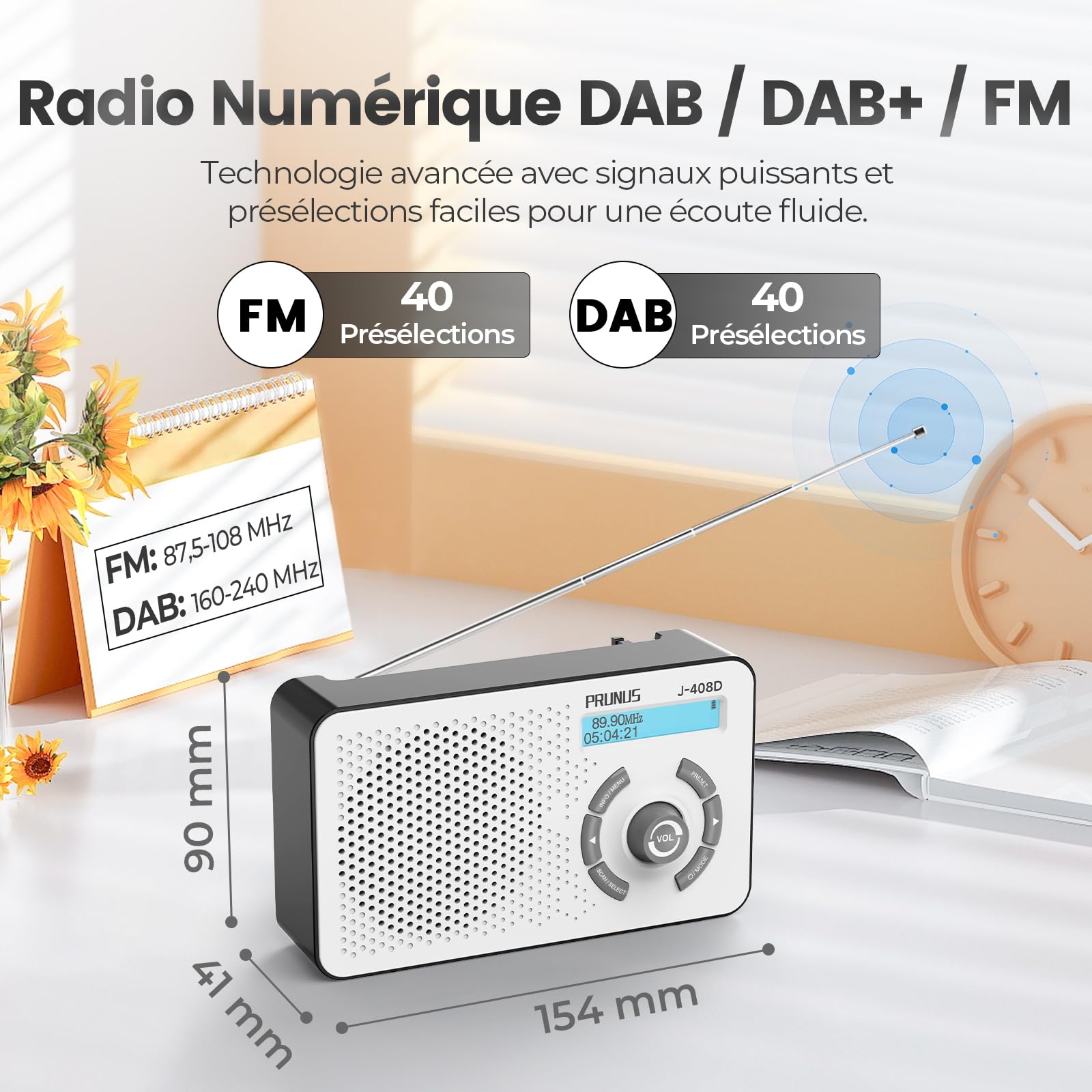PRUNUS J-408 Radio Dab/Dab+ Portable Numérique avec Batterie Rechargeable 2000mAh, FM Radio Dab Plus avec Bluetooth, Double Réveil, Minuterie de Mise en Veille, USB-C, 40 Stations Préréglées
