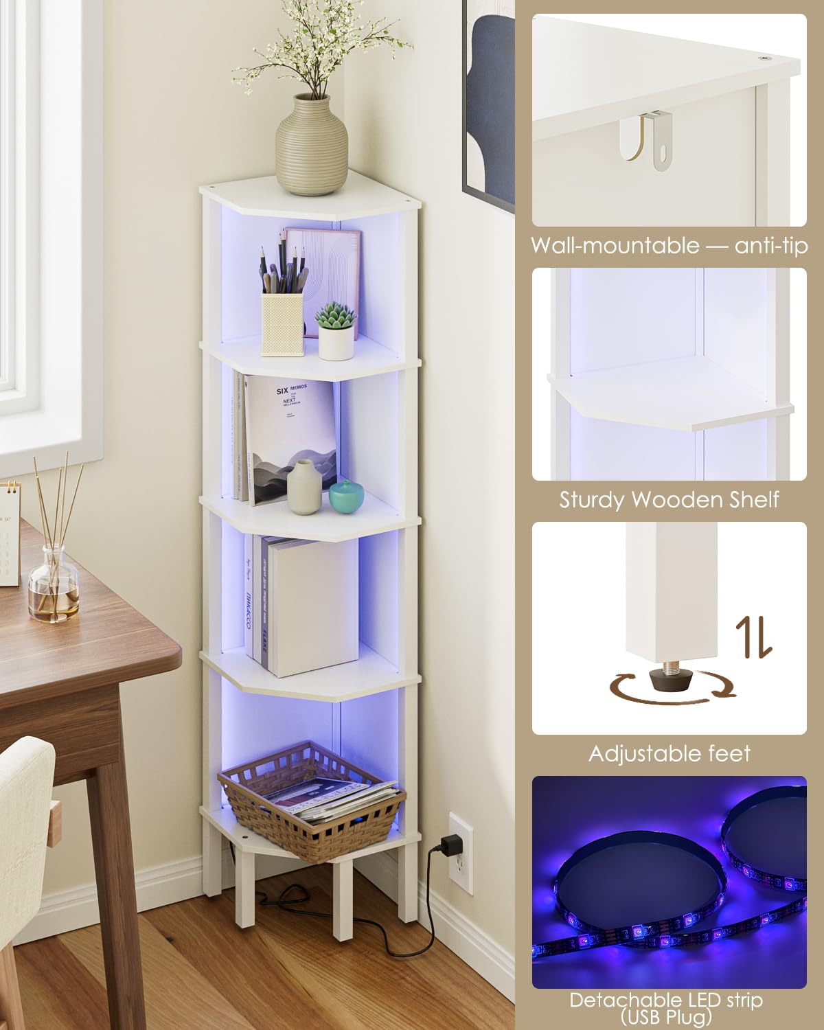 Scaffale angolare a LED con illuminazione, 5 ripiani, libreria angolare, scaffale per piante, per soggiorno, ufficio, camera da letto, 127 x 29 x 29 cm, bianco