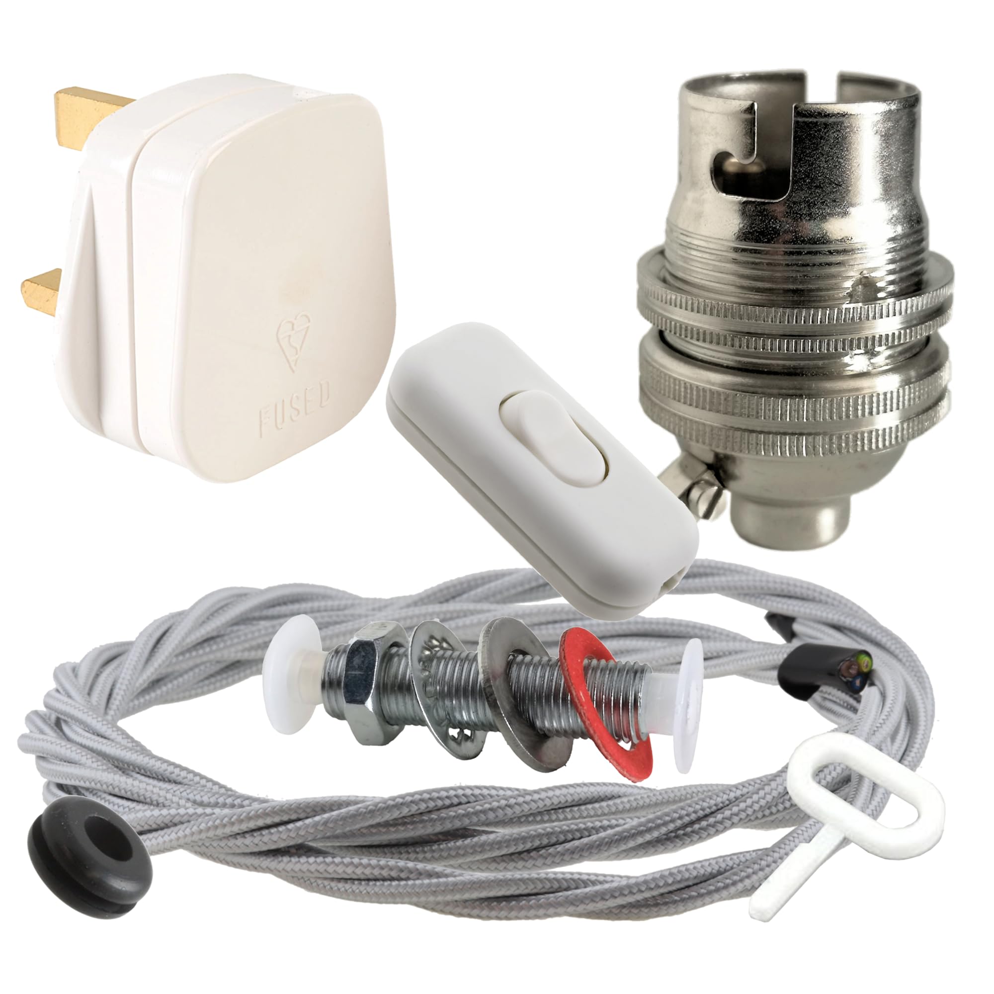 Art Deco Emporium Lamp Repair and Servicing Kit|White Plug|Silver Flex|White Switch|B22 Chrome Finish Lamp Holder