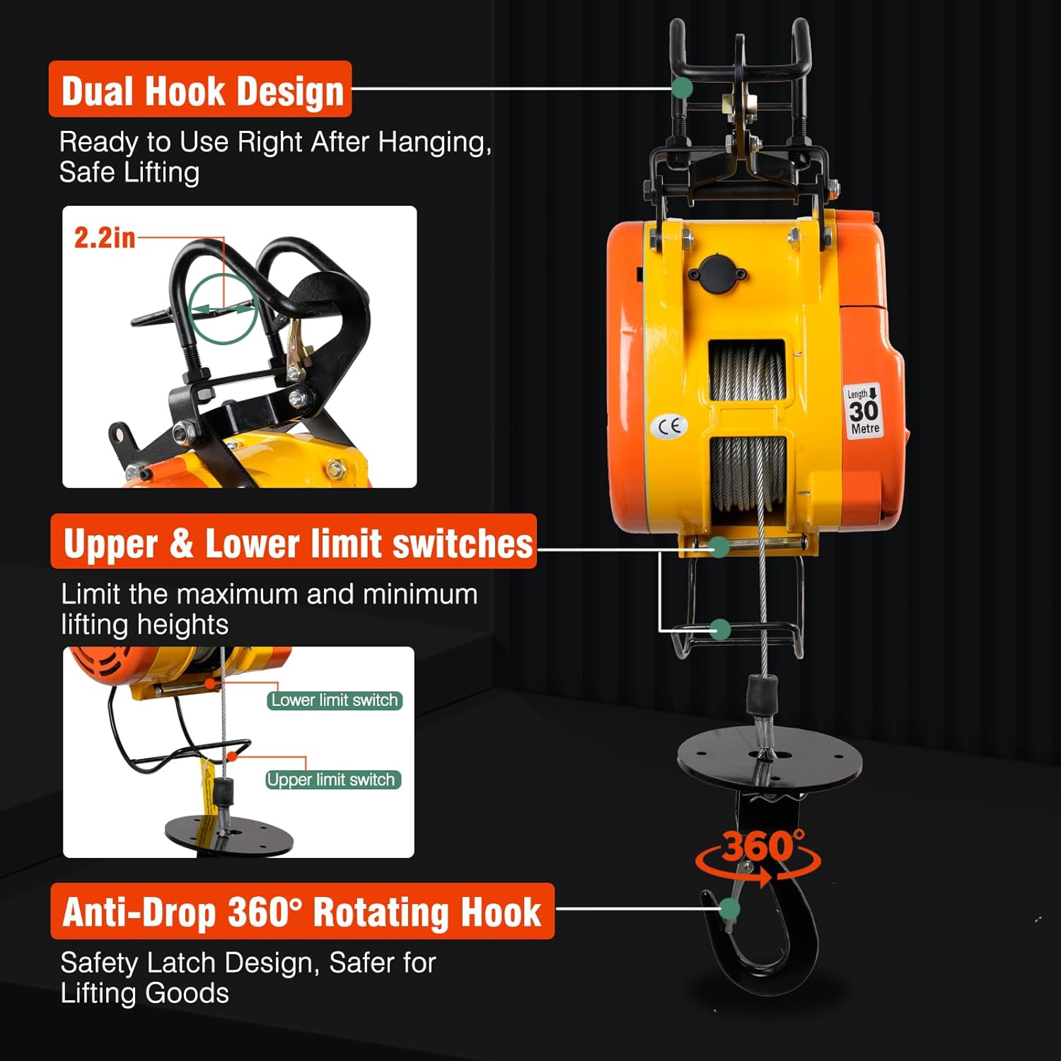 1100lbs Electric Hoist Winch,1500W Portable Power Winch CraneHoist Lift,98ft Lifting Height,2-in-1 Wire Remote Control/Wireless Remote Control, 36ft/min,for Warehouss, Garage, Factory