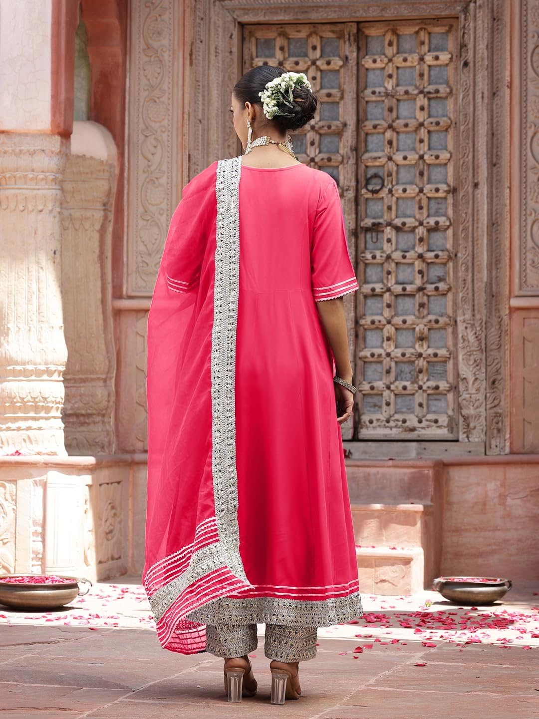 Stylum Women's Solid Rayon Anarkali Kurta Pant & Dupatta Set (Kpdpinkkivi36_Pink, S)