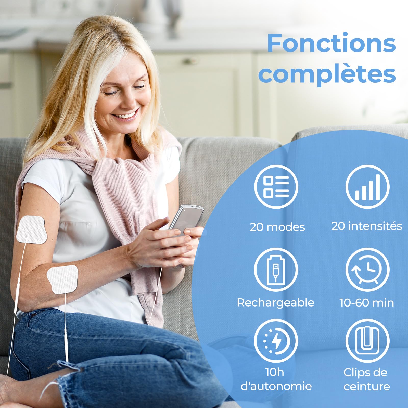 AUVON Électrostimulateur Musculaire à double canal pour le soulagement de la douleur, electrostimulation appareil avec 20 modes, 10 pièces d'électrodes TENS de 5 cm x 5 cm