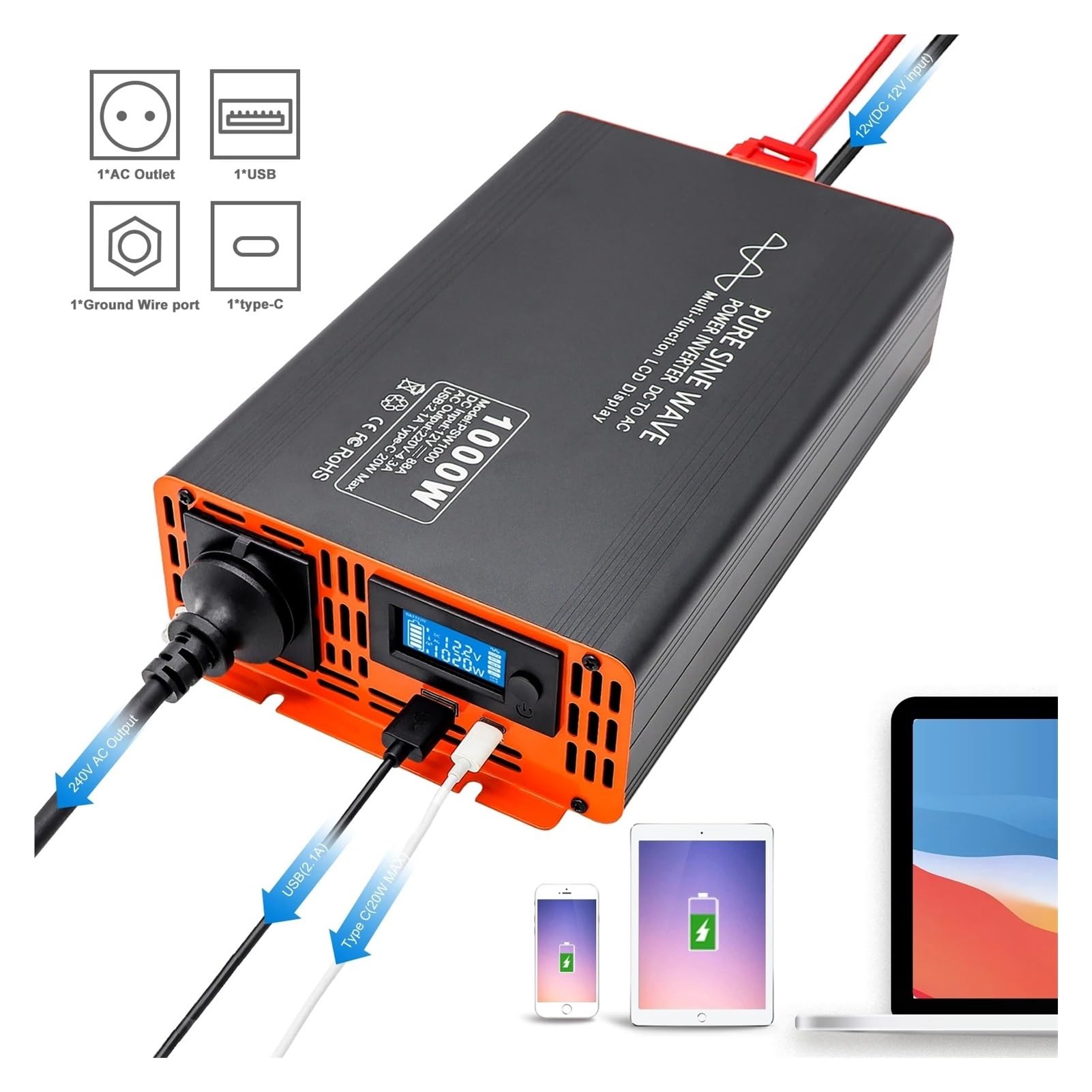 Convertidor PSW-1000W Inversor De Onda Sinusoidal Pura 2000W CC 12 V A CA 220 V Inversor De Potencia Potencia Continua 2000W Inversor Solar Coche Inversor(DC24V to AC220V 50Hz)