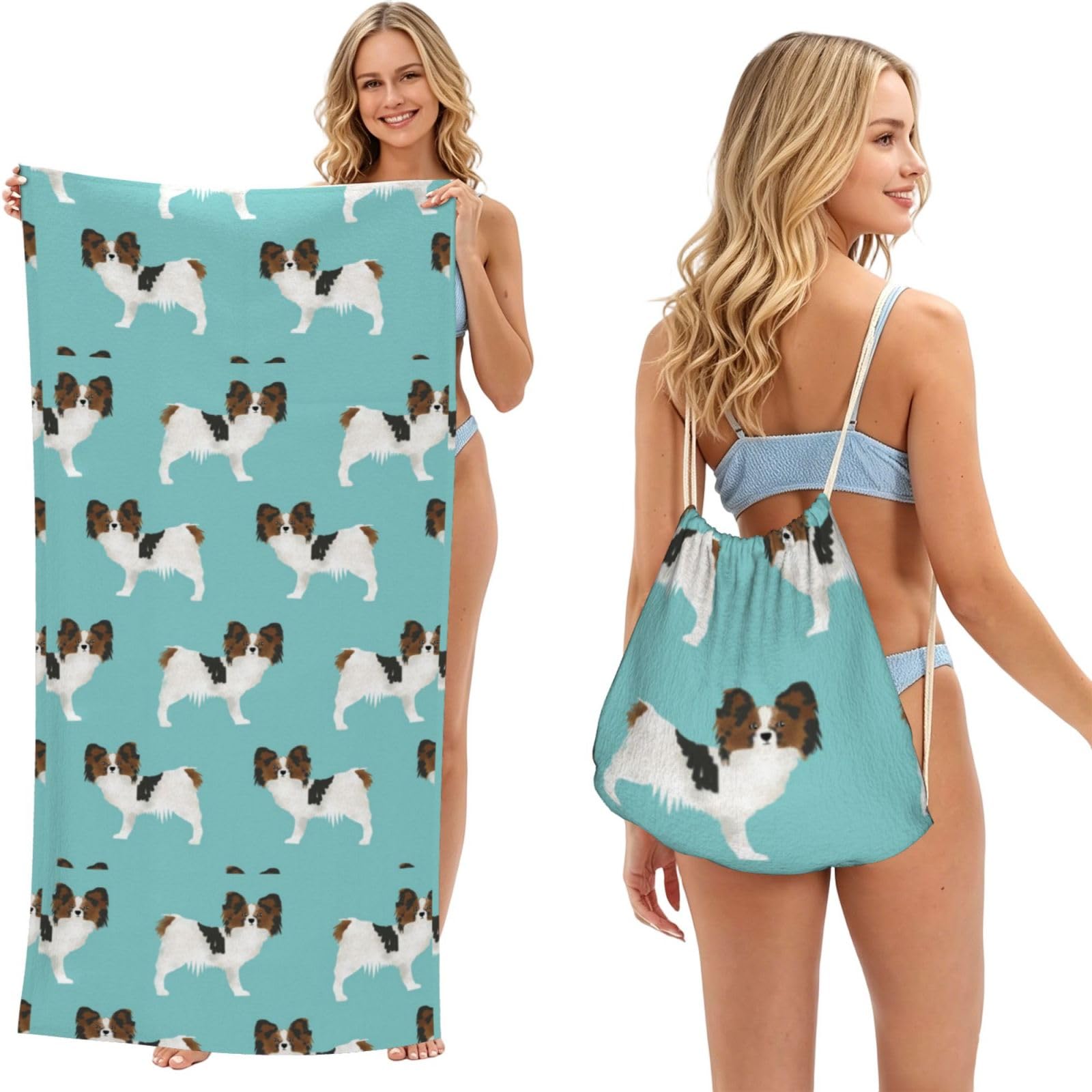 Poadnly As Picture Papillon Dogs Cute Toy Spaniel Dog, 2 In 1 Packable Towel Bag, Beach Towels With Drawstring Backpack For Travel Holiday Camping