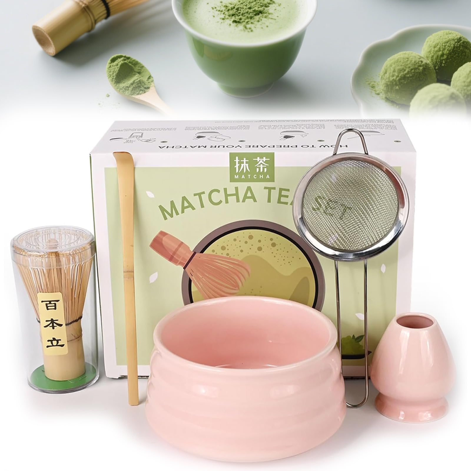5 szt. Japoński zestaw ceremonii matcha, zestaw matcha różowy, bambusowy mikser matcha, miska matcha, łyżka, sitko, uchwyt na mikser
