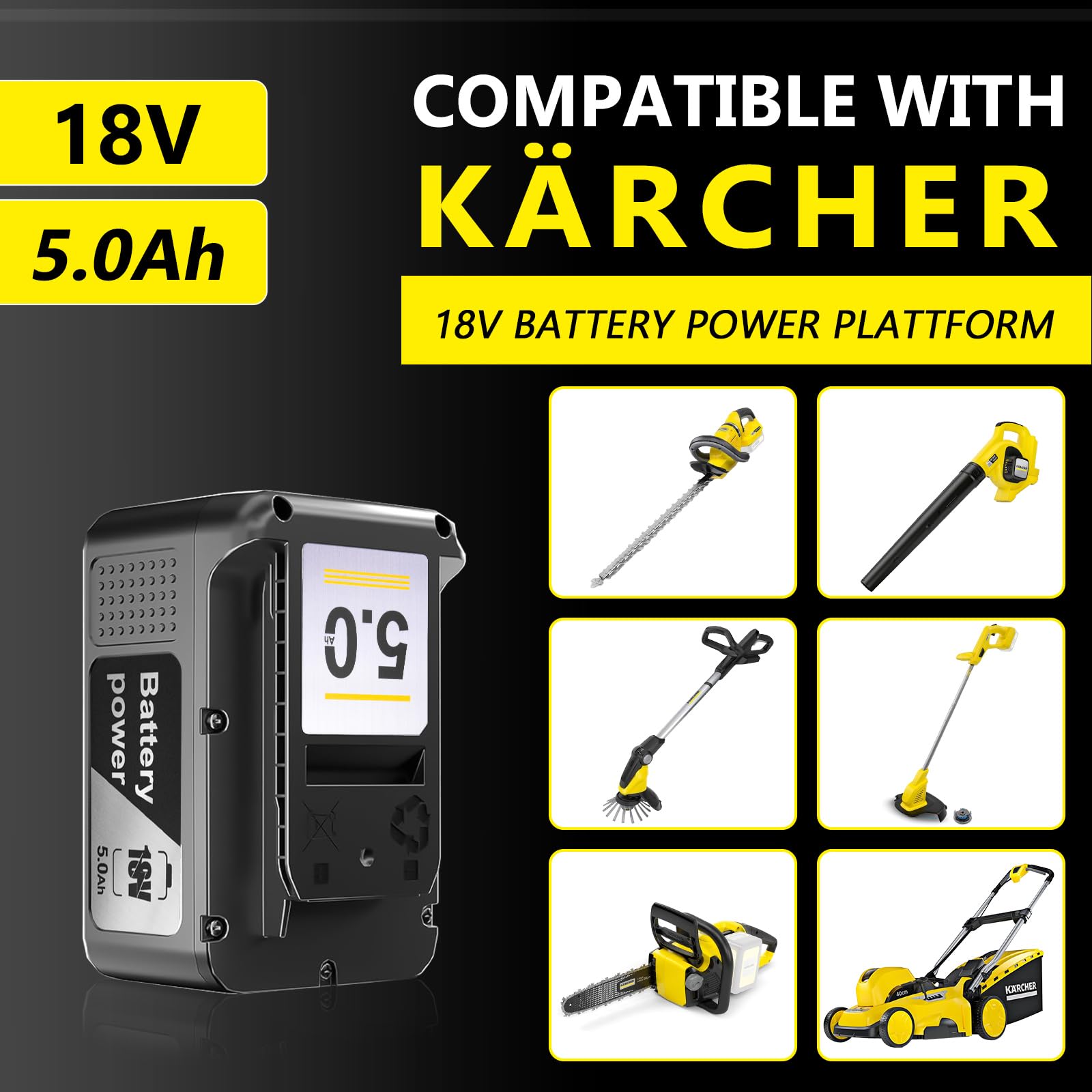 Batterie 18 V 5,0 Ah pour Kärcher, Batterie de Rechange pour Outils Kärcher, indicateur de Batterie en Temps réel, Compatible avec Tous Les Outils électriques 18 V