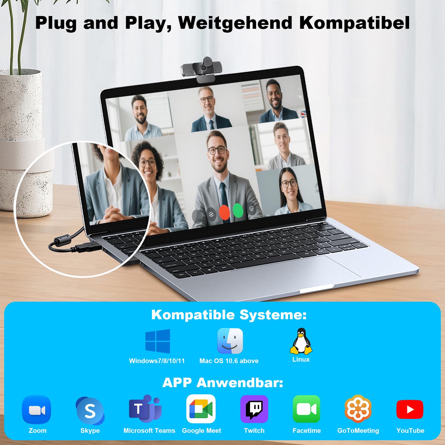 Webcam 2K Full HD, Neefeaer USB Webcam con microfono e copertura e treppiede, 85 punti di posizione, correzione automatica della luce, cancellazione del rumore, fotocamera PC con microfono compatibile