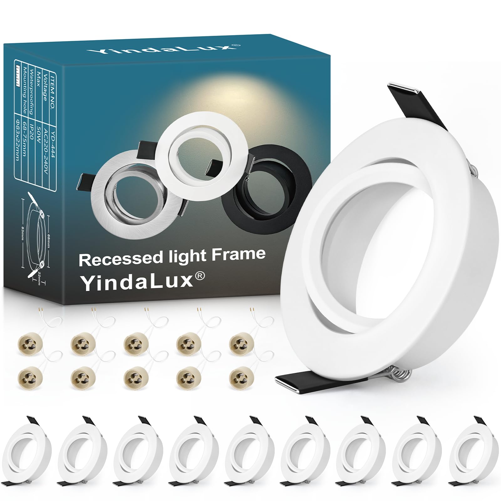 YindaLux 10 Pack GU10 Downlight Bezels White, 45° Adjustable Aluminium Recessed Spotlight Frames, 230V with GU10 Holder, Ø84mm, Cut-Out 68-75mm, Round Ceiling Spots, No Bulb