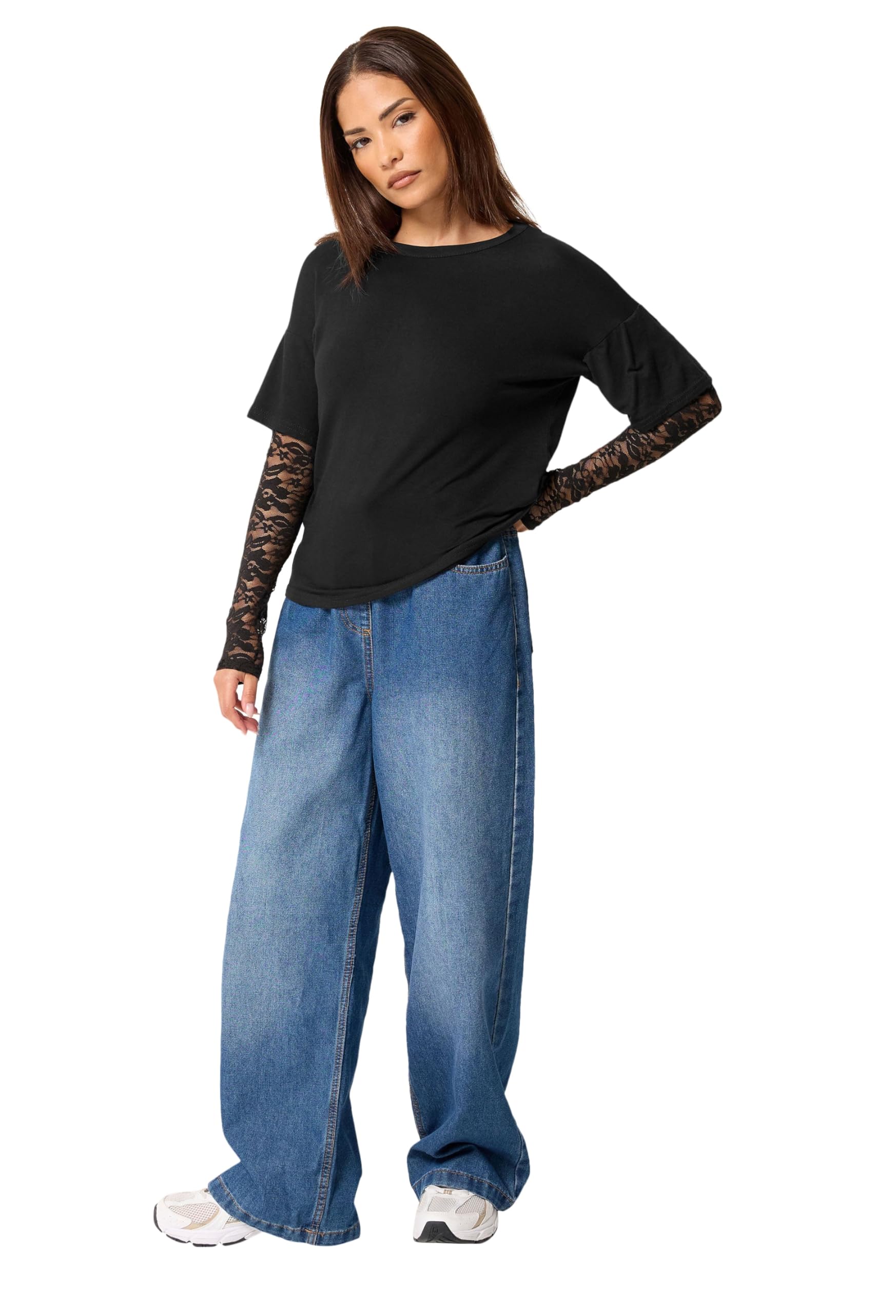 Pixiegirl Women's Black Petite Lace Sleeve T-Shirt In Size 6