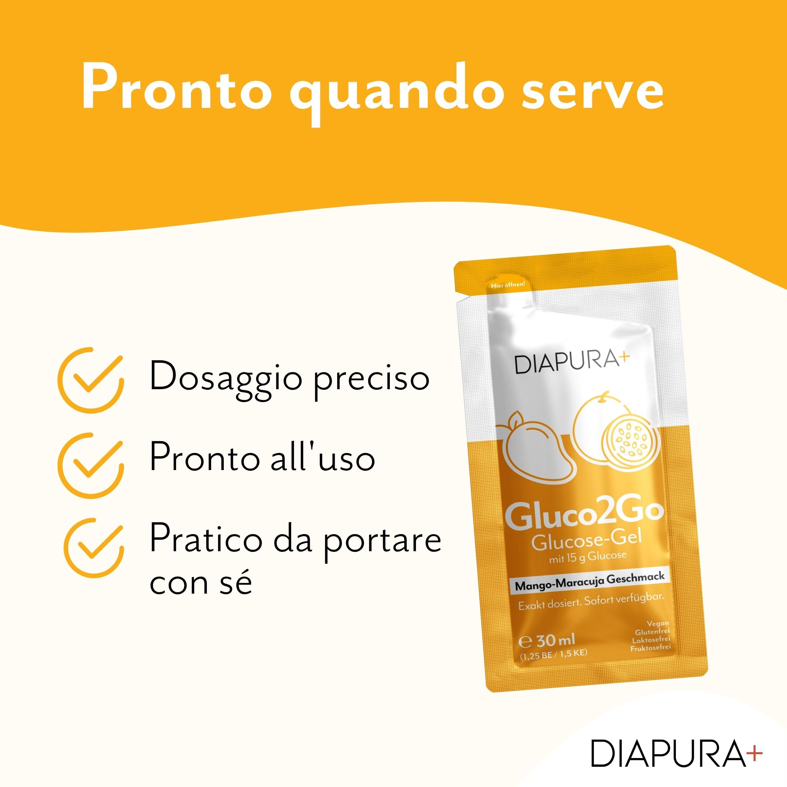 Gluco2Go Gel di glucosio, 15 g di glucosio per porzione, 12 x 30 ml | Glucosio liquido, pronto all'uso, bustine monodose, regola 15-15 per l'ipoglicemia, gusto Mango-Maracuja, Made in Germany