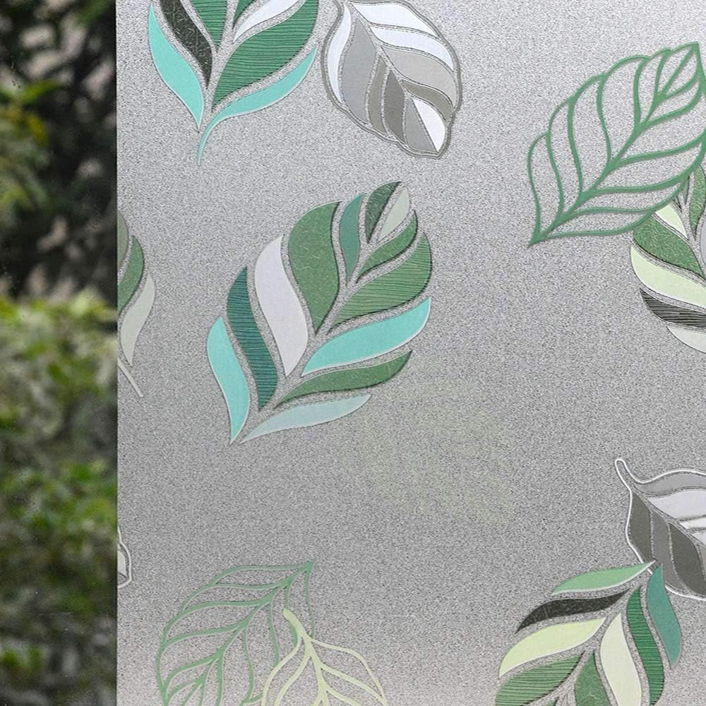 VSUDO Frosted Window Film, Leaf Pattern, Non-Adhesive, Static Cling Decorative Privacy Glass Cover for Home and Office, 35.4 x 157.5 Inches