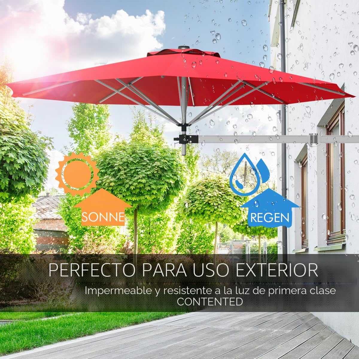 RELAX4LIFE Sombrilla de Pared Ø250 cm Giratoria 350° Horizontalmente y Inclinable 30° Verticalmente, Sombrilla Terraza Exterior con 8 Varillas de Aluminio, Protección UV50+ y Ventilación