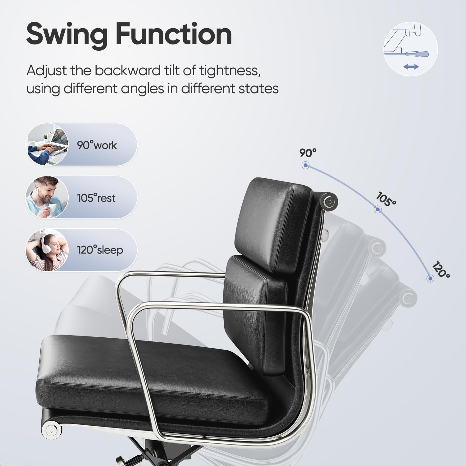 Genuine Leather Office Chair, Padded Mid Back Ergonomic Executive Desk Chair with Aluminum Arm Rest and Base, Swivel Wheels with Lumbar Support & Tilting Function, Hight Adjustable, Black