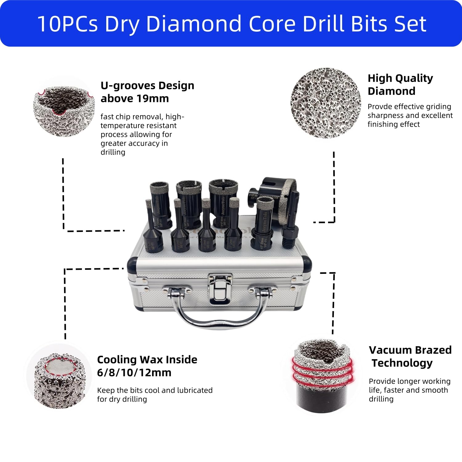 10PCs Diamond Dry Hole Saw Drill Bits Set, 6/8/10/12/20/25/35/40/65mm Drill Bit & 1PC SDS Adapter for Ceramic, Tile, Marble, Porcelain 5/8-11 Thread, Diamond Core Drill, Dry Tile Drill, Tile Bit