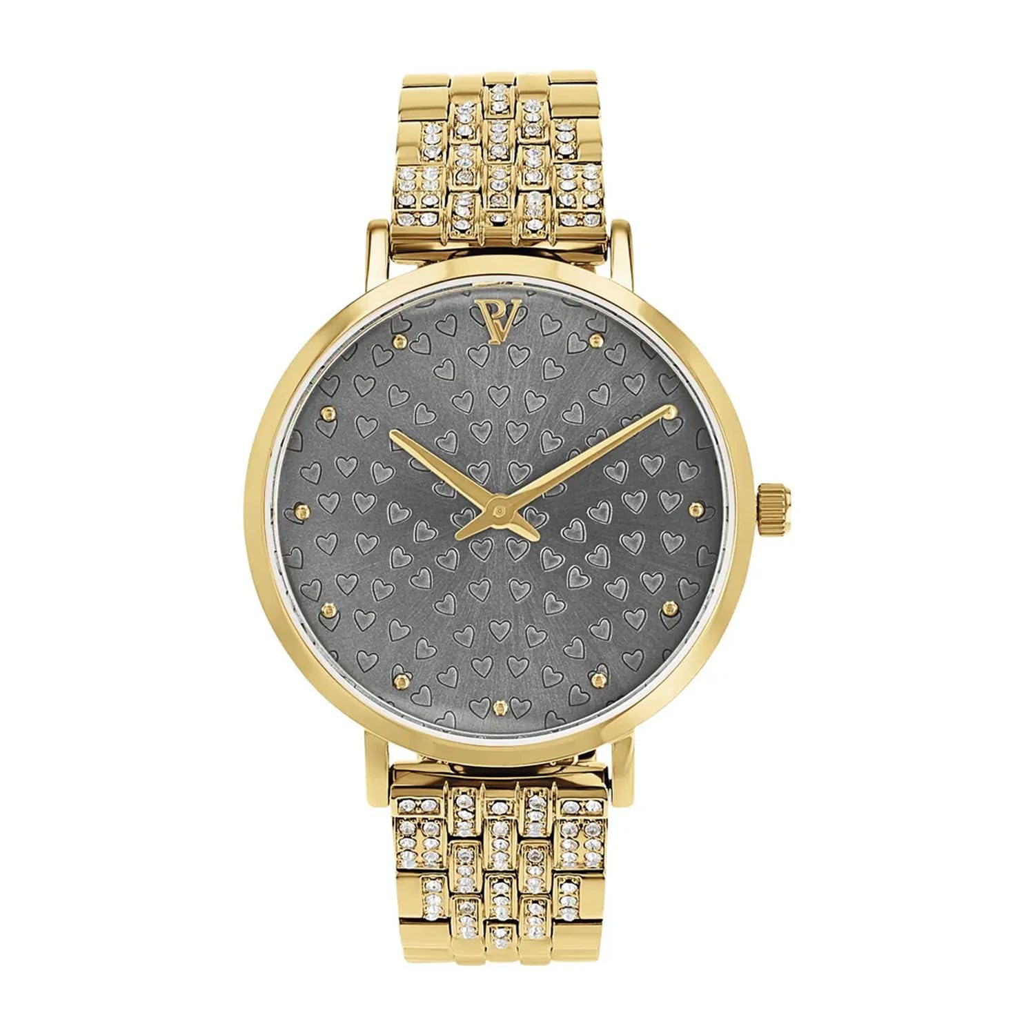 PAUL VALENTINE - Damen Quarz Armbanduhr - Edelstahl - Vergoldet/Golden - mit Zirkonia Stein - Herz Design - PV-W0003