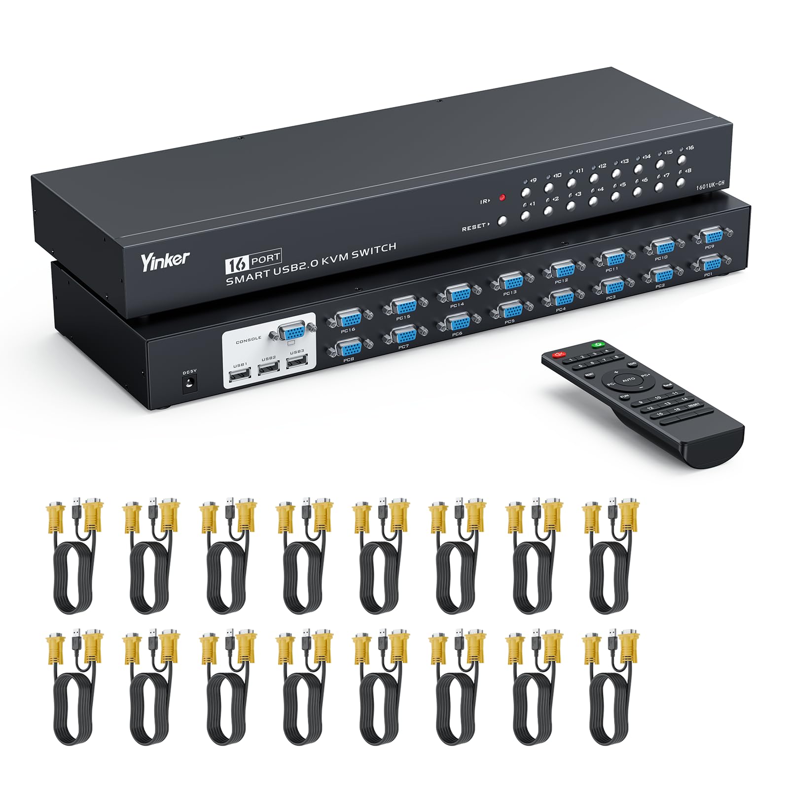 16 Port KVM Switch, Rack Mount KVM Console VGA 16x1 w/16-Pack KVM Cables IR Remote & Ears Support HD 1U 19'' Rack Cabinet