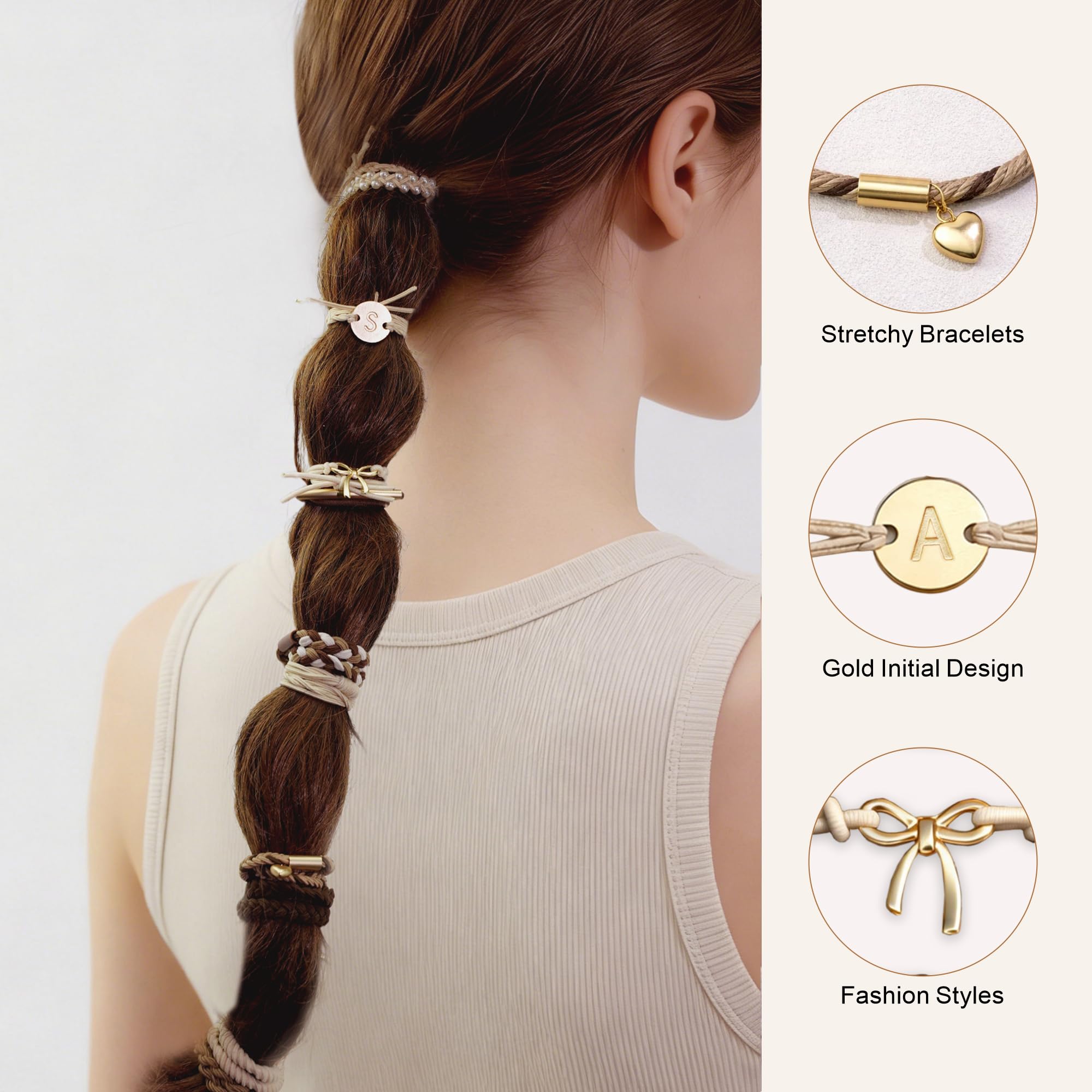 Fohufo Hair Ties No Damage - 10 Pcs Hair Scrunchies for Women Girls, Hair Ties for Thick Hair & Thin Hair, Hair Scrunchies Bands Bracelets, Initial Hair Accessories for Women, Birthday Gift - Letter A - 4