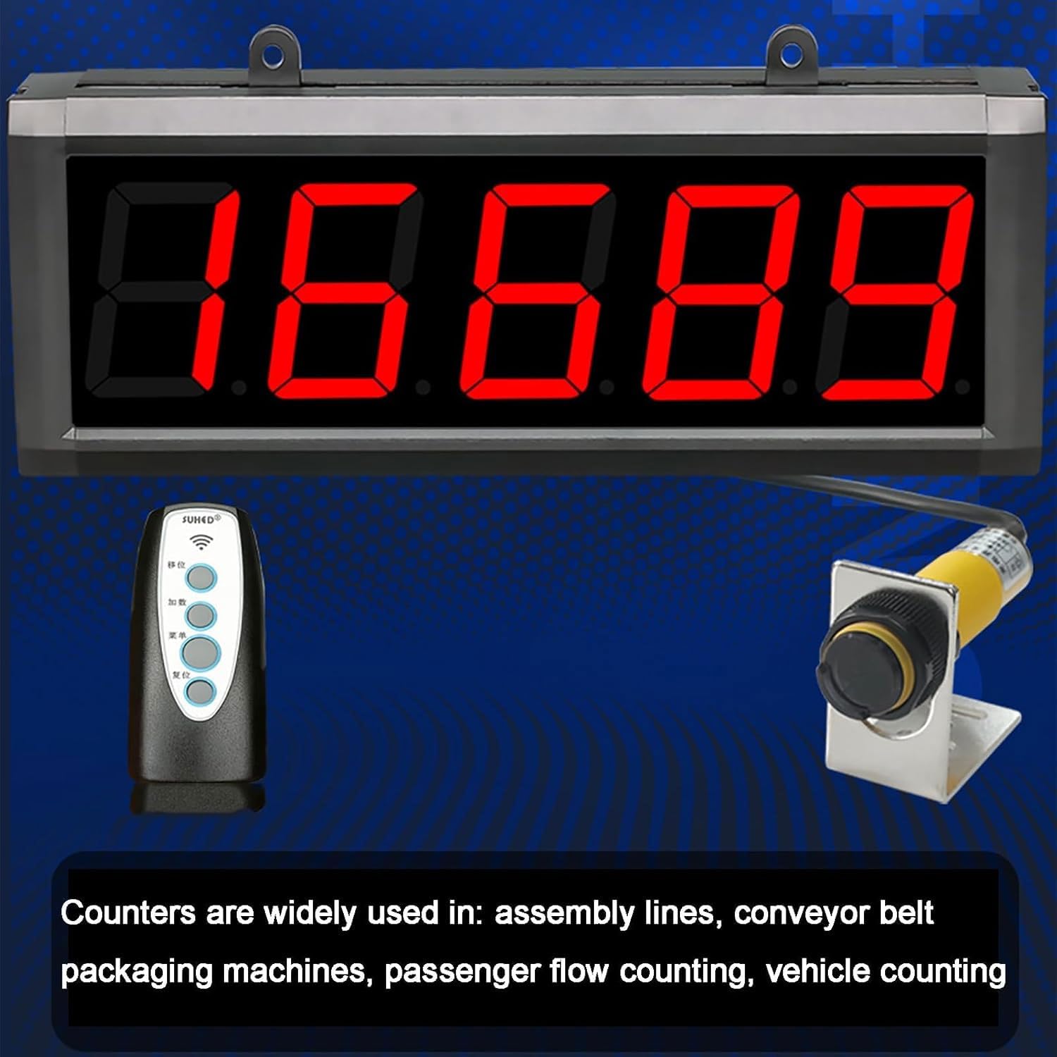 Compteur numérique avec affichage LED et télécommande, comptage automatique à 5 chiffres jusqu'à 99999, distance de détection de 0 à 5 m pour des applications précises sur la ligne de production et