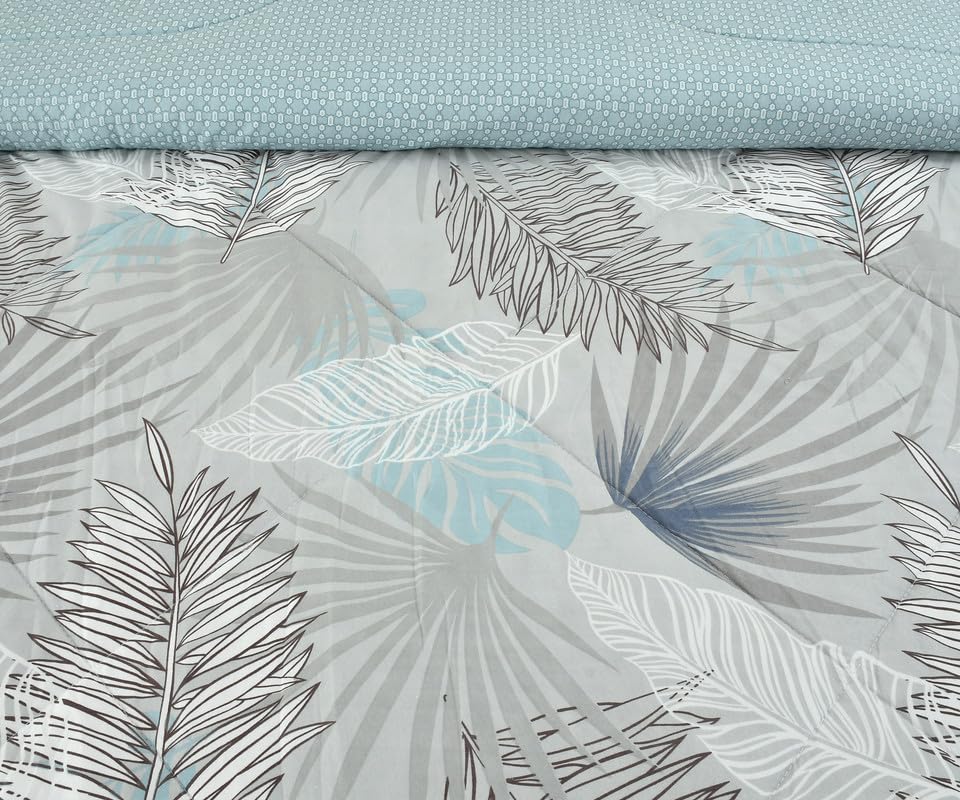 Image of Florida Blue Leaf Polycotton Double Bed AC Comforter with 1 Bedsheet & 2 Pillow Covers | Ultra Soft 4 Pc Reversible Bedding Set
