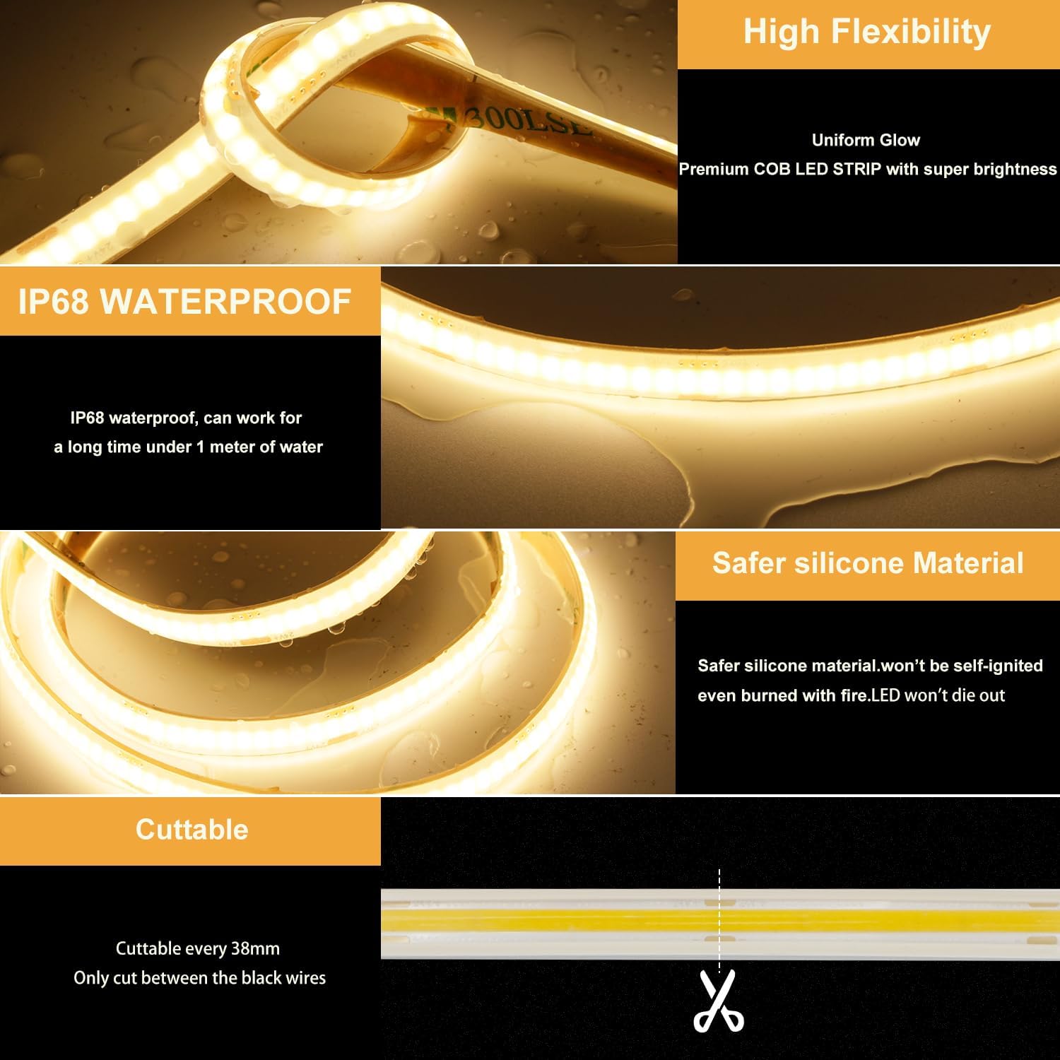 32.8ft COB LED Strip Lights Waterproof IP68, 3000K Warm White Outdoor 24V Dimmable Silicone LED Tape Lighting High Density, 6000LM+, 3200LEDs Clips and Screws(Power Supply Not Included)