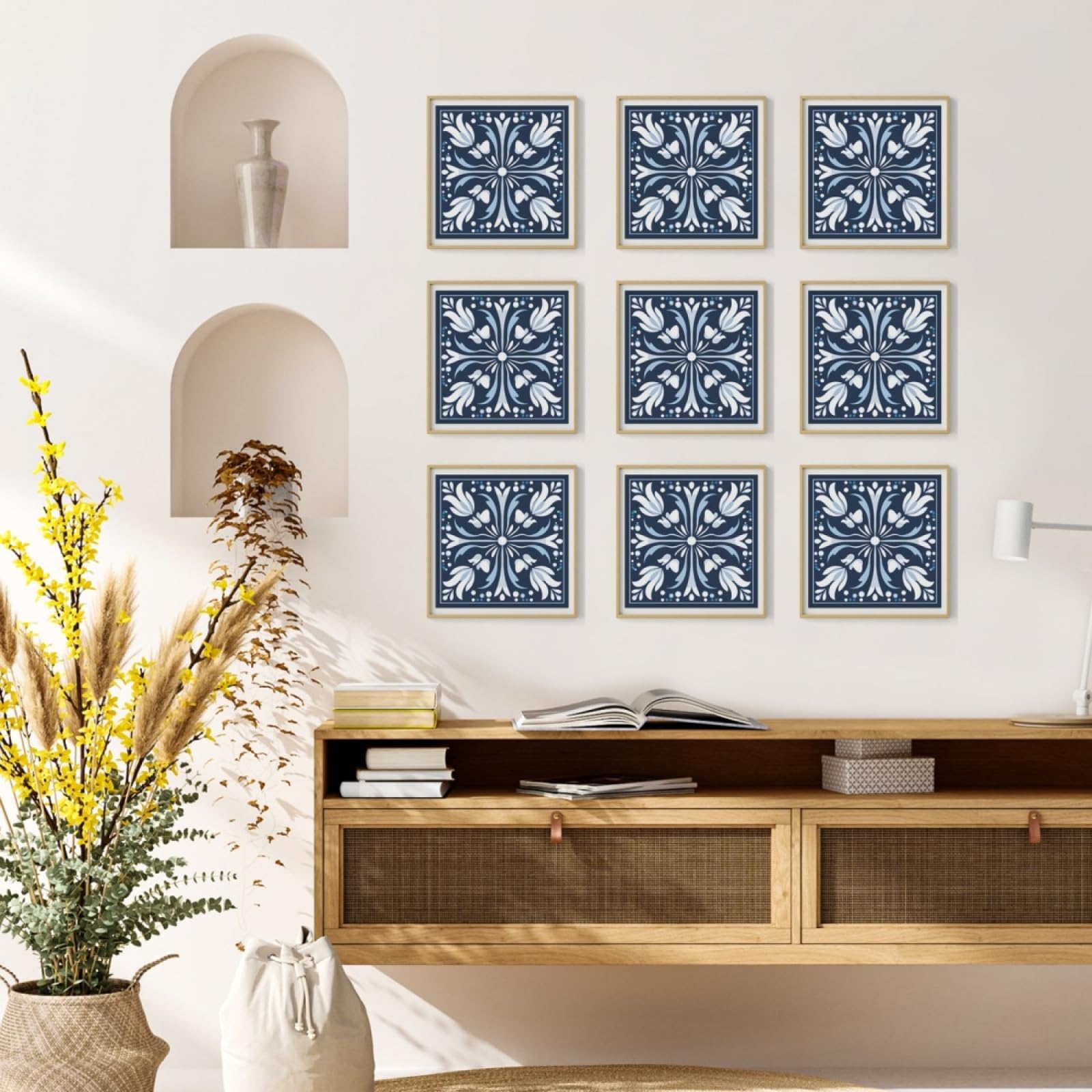 Tile Stickers Blue Abstract Flower Stick on Kitchen Tiles Self Adhesive Wall Tiles PVC Peel and Stick Tile Covers Transfers Oil-Proof Kitchen Splashbacks for Walls Removable 20x20cm/24 Pcs