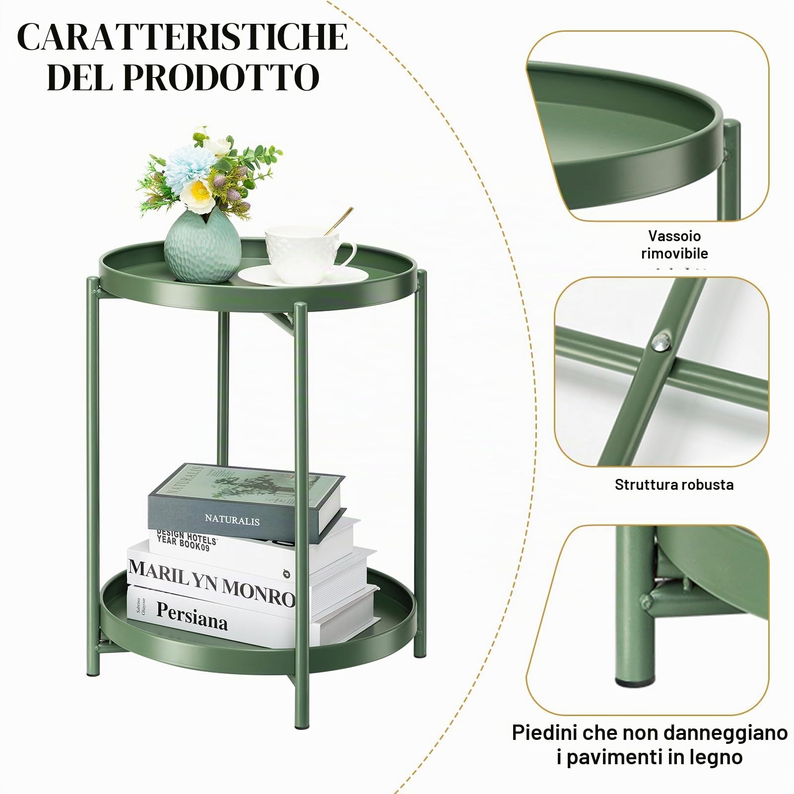 danpinera Tavolino in metallo a 2 ripiani con vassoio rimovibile, tavolino da esterno piccolo, antiruggine verde, comodino per camera da letto, balcone, patio (verde scuro)