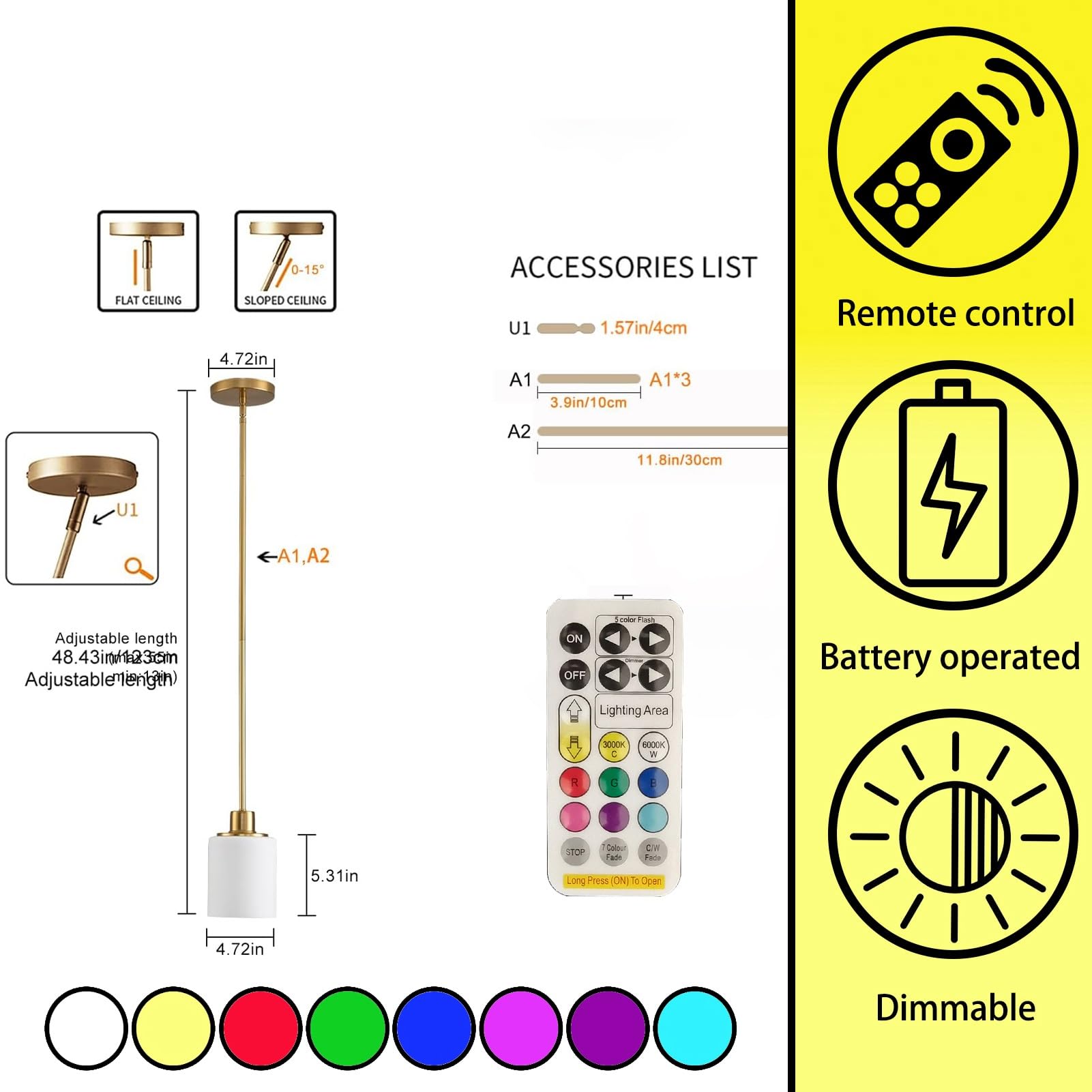 Hängelampe mit Batterie, batteriebetriebene Pendelleuchte, moderne Deckenlampe ohne Stromanschluss mit Fernbedienung und Glaslampenschirm, 9 Farben dimmbar ideale Hängeleuchte für jeden Raum.(Milky+br