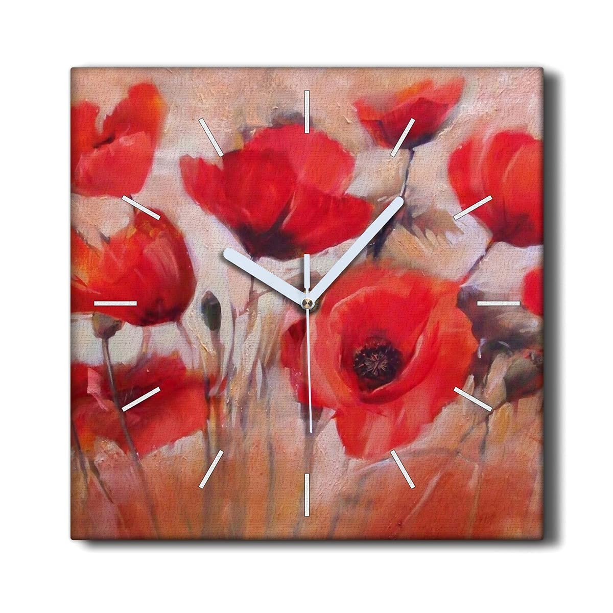Horloge Murale Le Salon Ambiance Nature et Coquelicots Peints Toile 30x30 cm