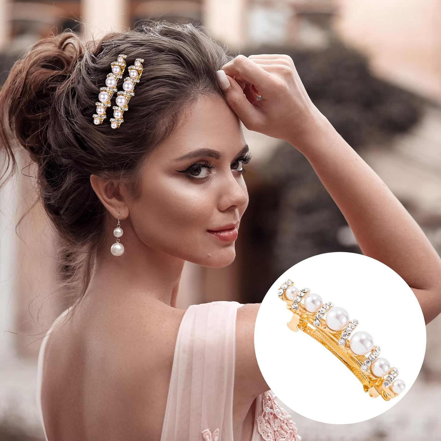 OIIKI Pearl Hair Snap Clips for Wedding, Elegant Rhinestones Pearl Barrettes with Pins for Women, Brides, Parties, Daily Use - Gold, Style 2, 1pcs - Image 7