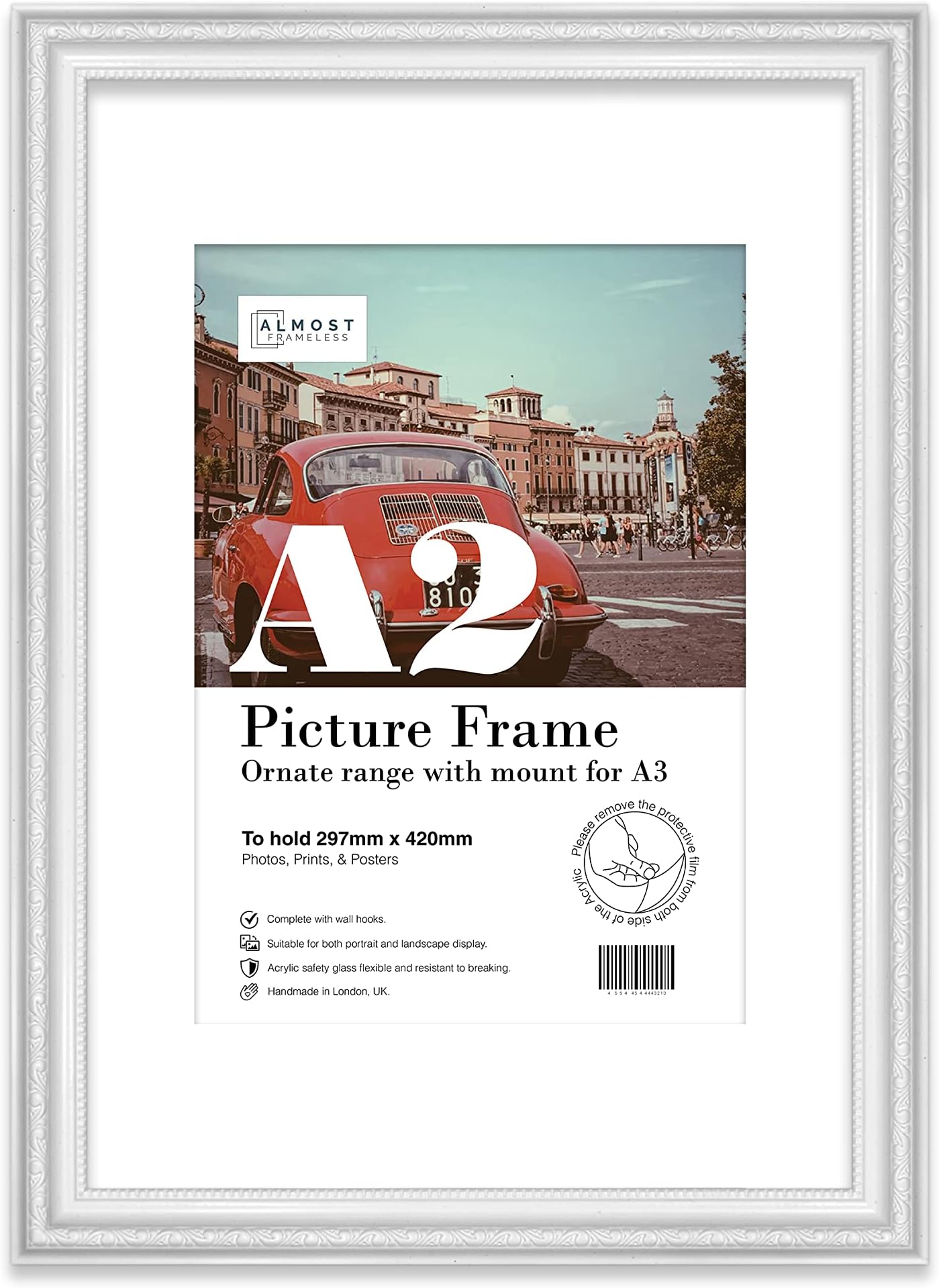Almost Frameless A2 White Ornate Picture Frame With White Mount for A3 (29.7 x 42cm - 11.7 x 16.5in) Poster, Photo, Artwork, or Print. Baroque Style Portrait and Landscape Display with Wall Hooks