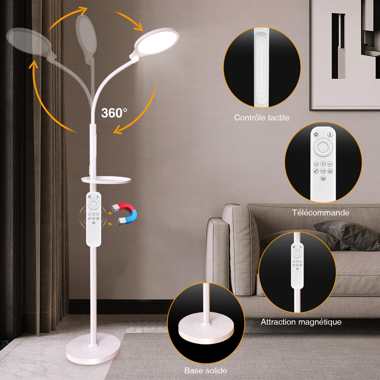 Lampes à lumière du jour Lampadaire, lampe à lumière du jour LED sans UV, 11000 Lux, 5 couleurs et 10 intensités réglables, Commande tactile avec télécommandes, Réguler les émotions, Travail et études
