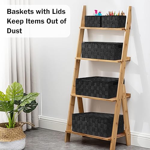 Miniatura 3 de Cestas de almacenamiento para organizar con tapas, cestas de almacenamiento para estantes, cesta tejida apilable, cesta pequeña de almacenamiento,